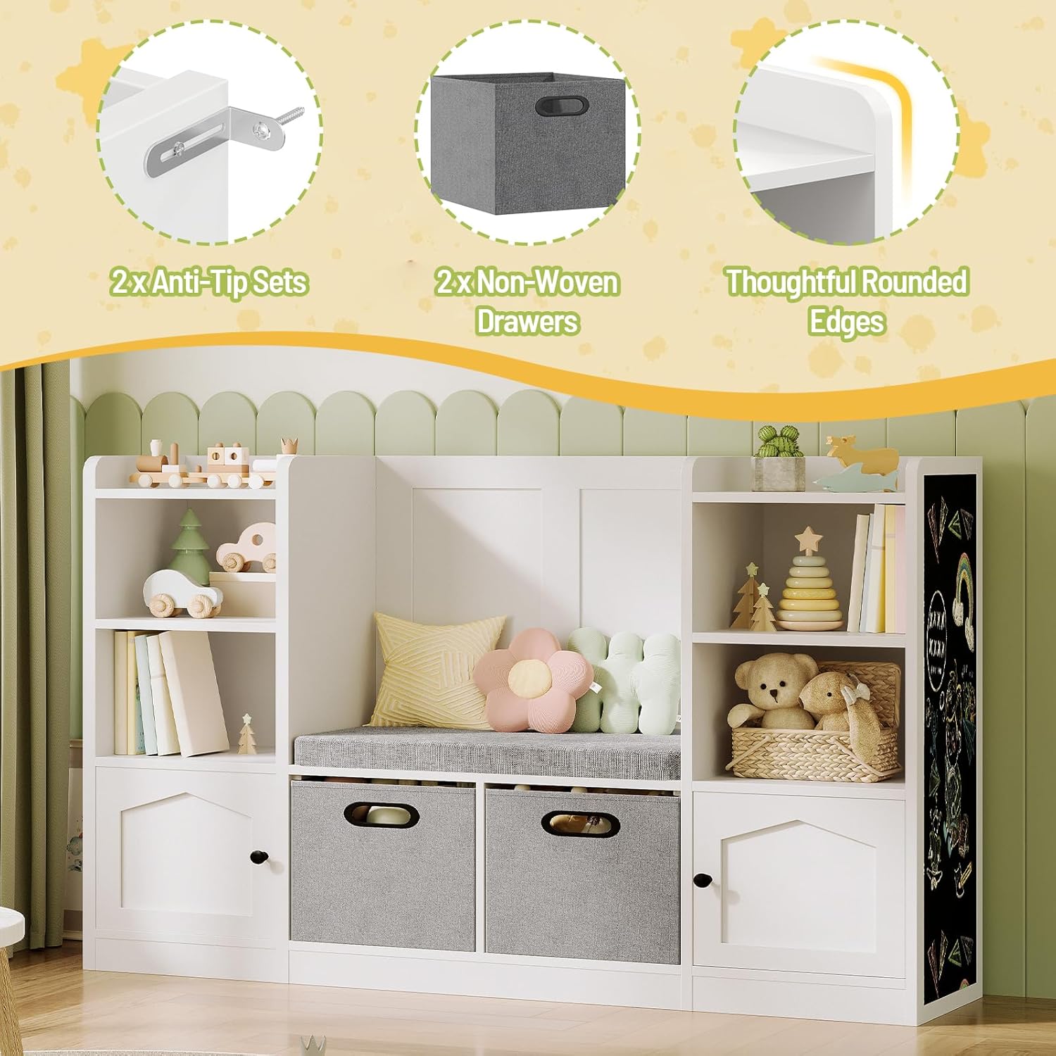 Toy Organizer and Storage, Kids Bookshelf with Seat Cushion and Chalkboard, 2 Movable Drawers, Toy Storage Box with Stuffed Animal Storage Cabinet for Kids Room, Playroom, White and Black - Image 5