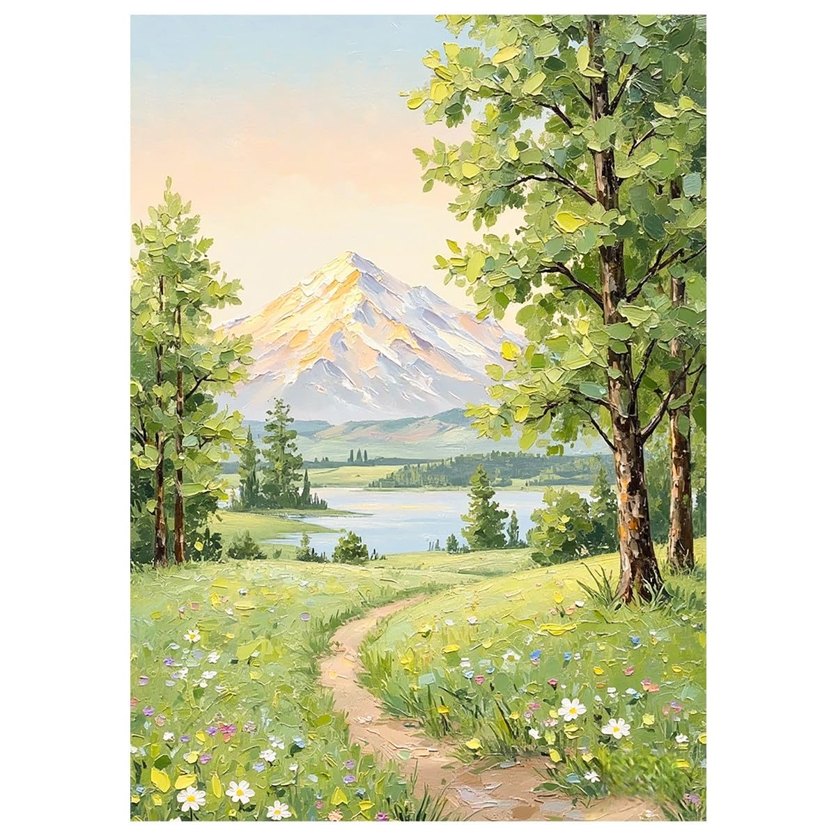 LCDIUDIU Oil Paintings On Canvas Hand Painted Large Unframed Spring Mountain Lake Wall Art Textured Wildflower Meadow Landscape Wall Decor Modern Artwork for Living Room Bedroom 70X100Cm(28X40Inch)