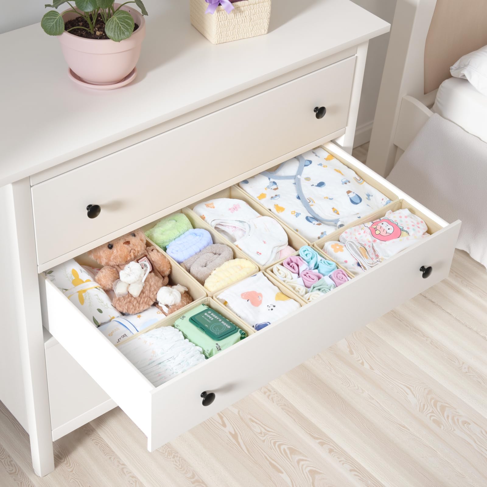 ORLISA Drawer Organizer Clothes-Dresser Organizer for Nursery-Compatible Baby Clothes Organizer and Storage & General Nursery Organization or Dresser Drawer Organizer Foldable Bins Beige - Image 2