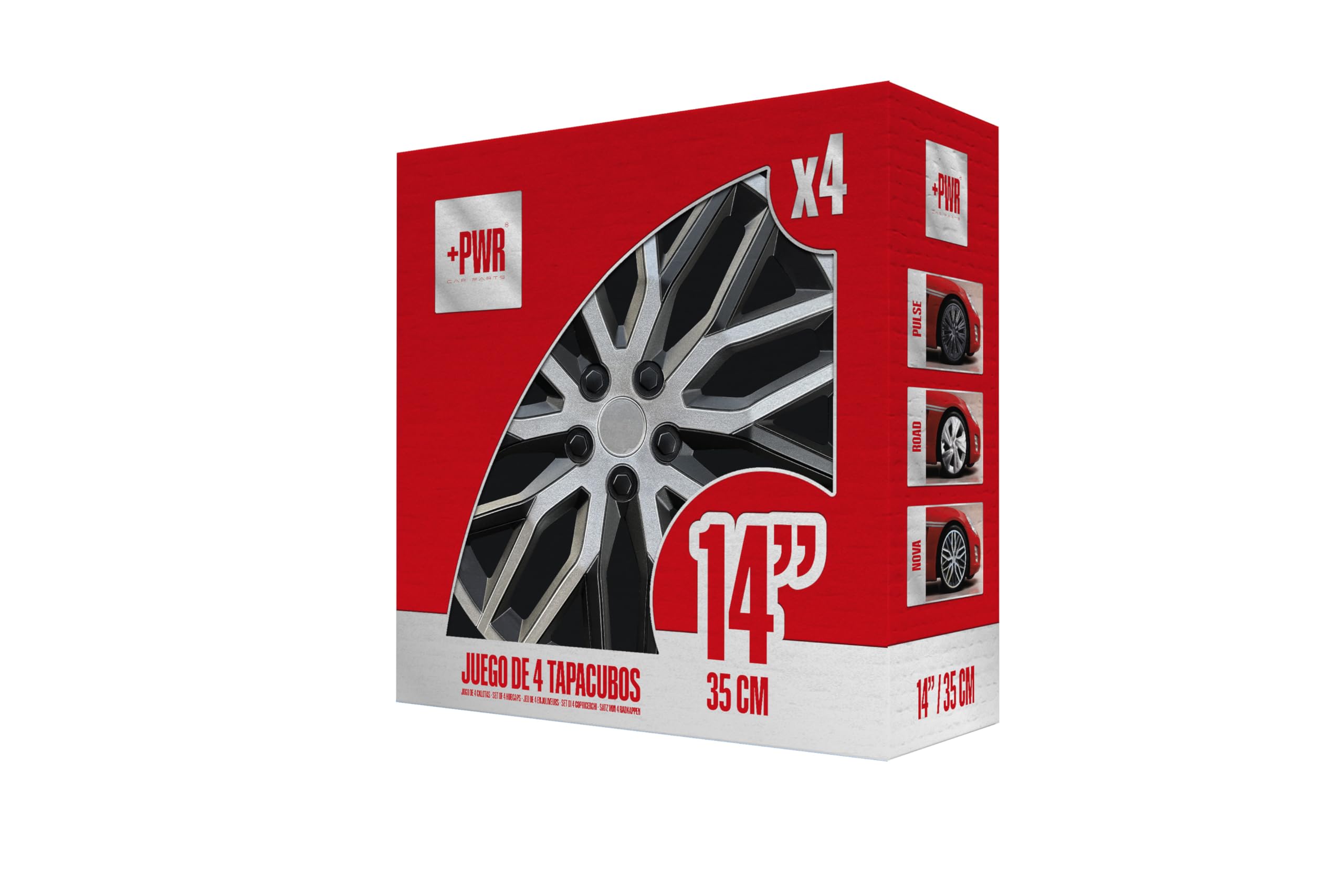 Copricerchi 14" Nova Nero/Argento, Set di 4 unità, Universali, ABS ad alto impatto, Fissaggio a pressione, Design moderno e ventilazione ottimizzata