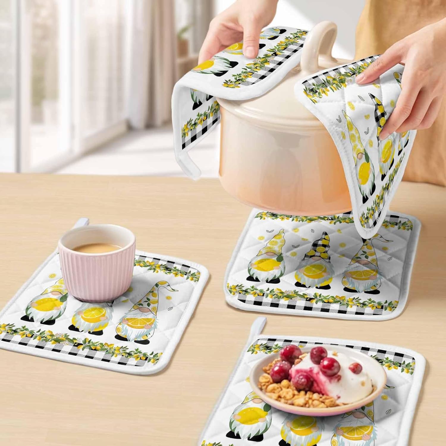 5 Pack Pot Holders for Kitchen, Lemon Gnomes Hot Pads for Kitchen Countertops Oven Pot Holder Bulk, Farmhouse Botanical Fruits Black Plaid Heat Insulation Potholders with Hanging Loops