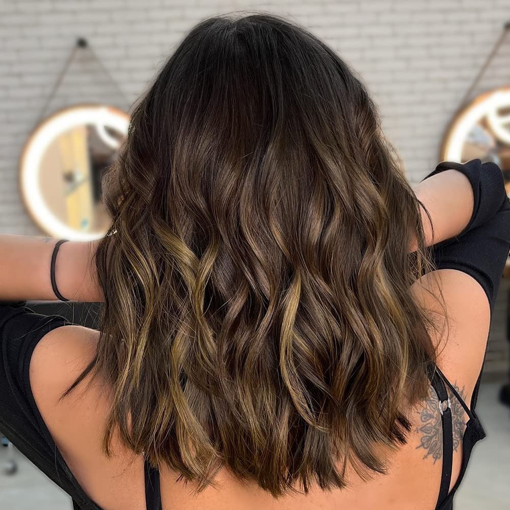 AISI HAIR Synthetic Curly Bob Wig with Bangs Natural Brown with Blonde Highlight Short Wavy Hair for Women Natural Looking Heat Resistant Bob Wigs