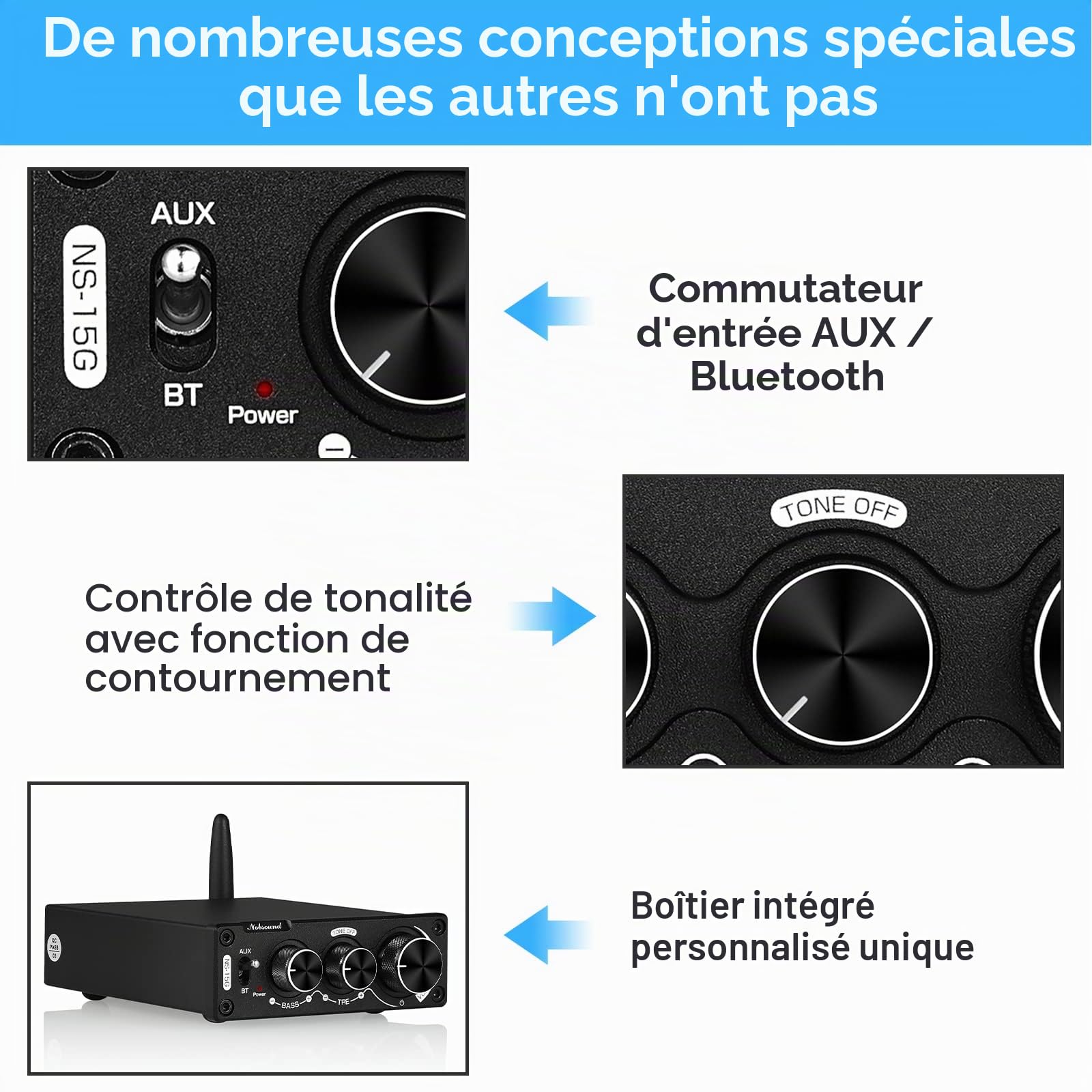 Nobsound Mini amplificateur numérique Bluetooth HiFi stéréo 200 W avec réglages des basses et des aigus pour haut-parleurs domestiques