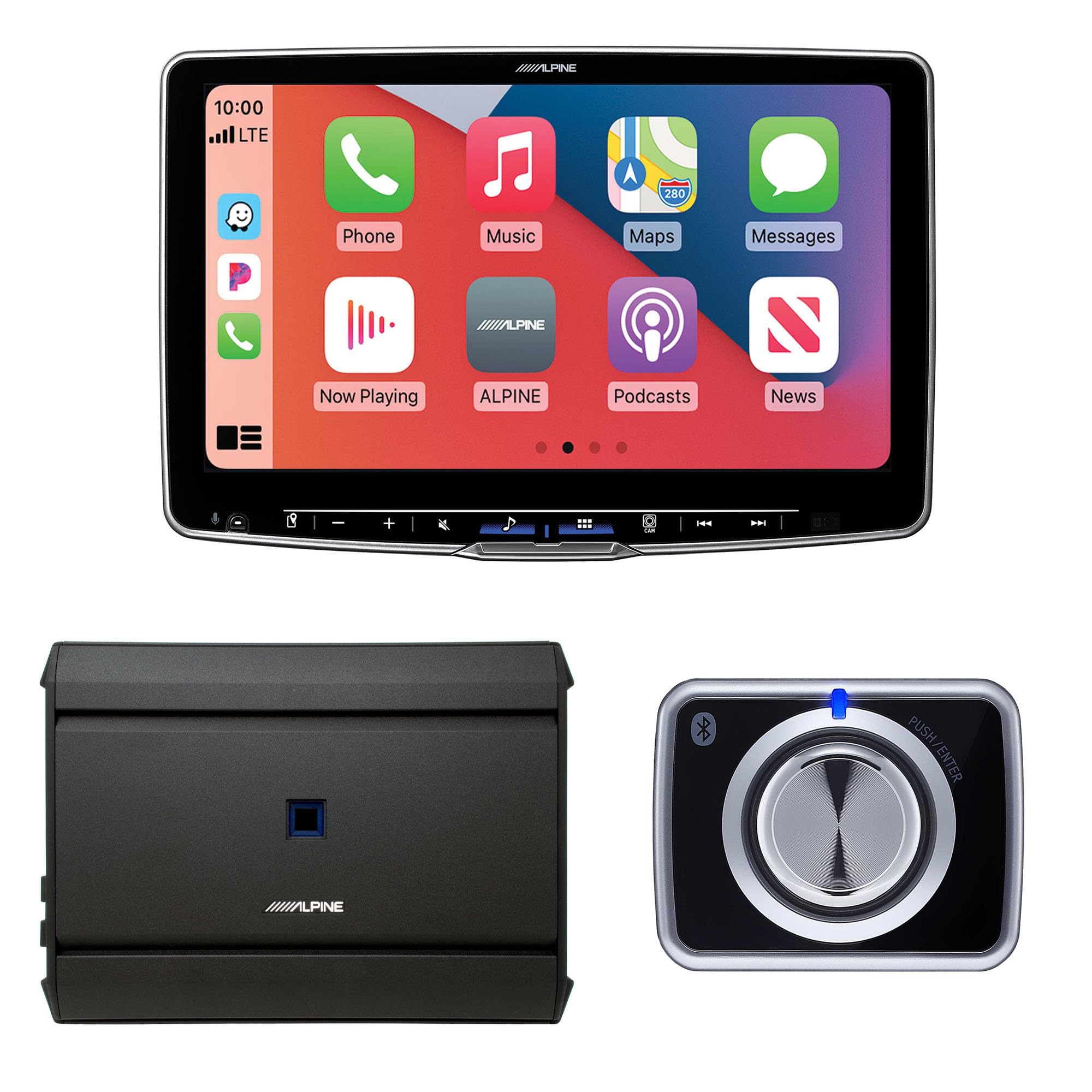 Alpine Halo09 ILX-F509 CarPlay/Android Auto Receiver with Alpine S-A55V 550W 5-CH Amp, and RUX-H02 Volume/Bass Knob