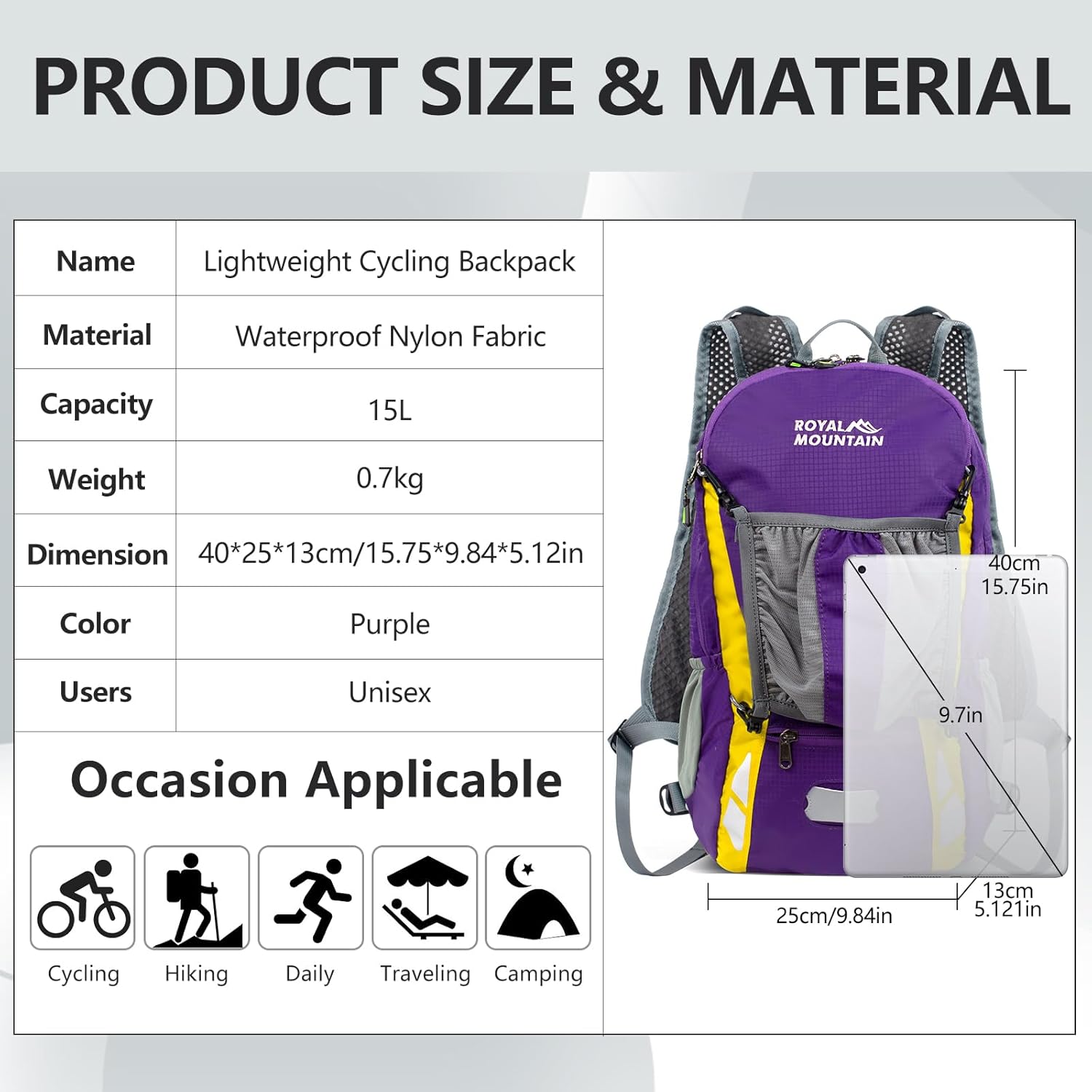 Bike Backpack With Rain-Cover, Mountain Biking Backpacks, Lightweight Packable Daypack Waterproof For Travel, Small Backpack For Bicycle Riding,Hiking,Camping (Purple)