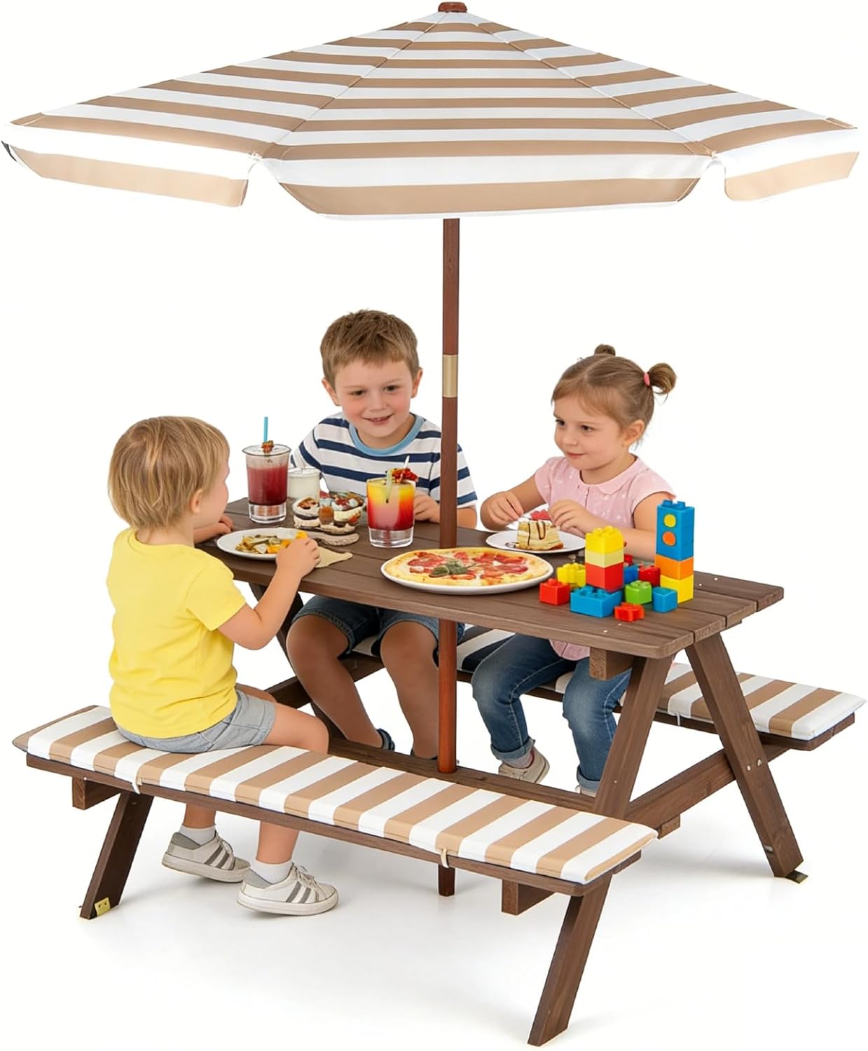 HONEY JOY Kids Picnic Table, Fir Wood Toddler Outdoor Table & Bench Set w/Removable Cushions and Umbrella, Ground Stakes, Children Backyard Furniture for Patio Garden Poolside, Seats for 4 (Walnut)