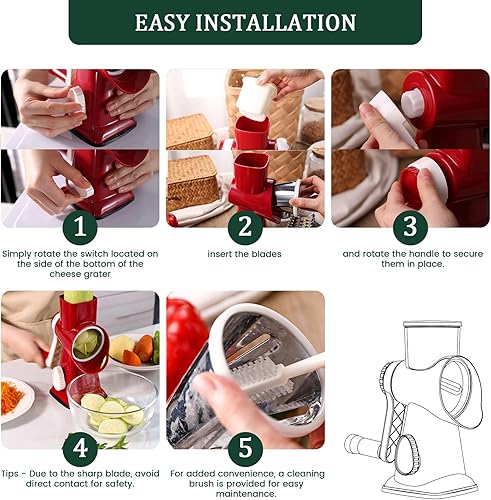 Miniatura 4 de HANSGO Rallador giratorio de queso, triturador de queso de manivela, 3 cuchillas de metal y cepillo de limpieza, base de succión antideslizante,