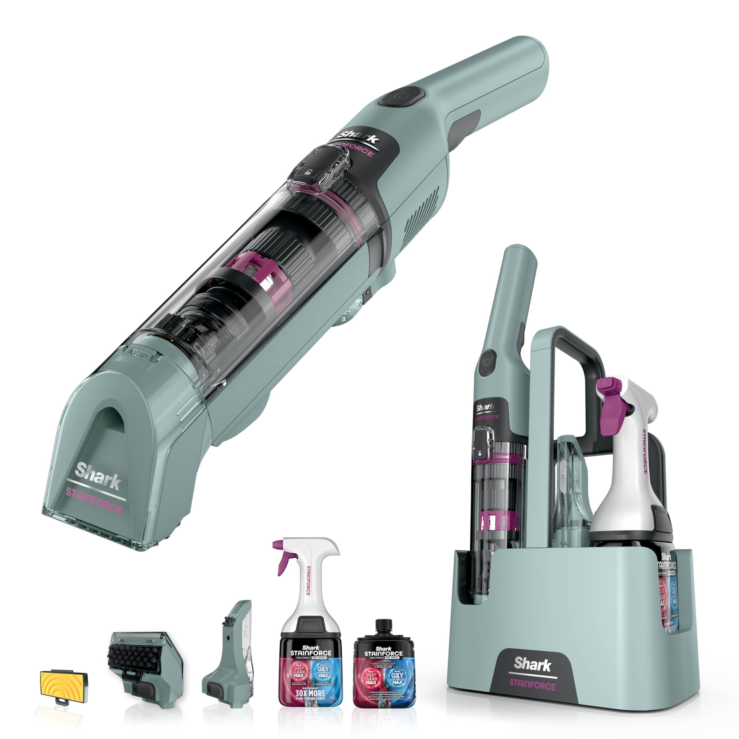 Shark StainForce kabelloser Fleckenentferner, tragbarer Flecken-, und Geruchsentferner für Teppichböden, Teppiche, Polstermöbel und mehr, mit Aufbewahrungsbox, Zubehör und 2 x Reiniger, HX100EUCP