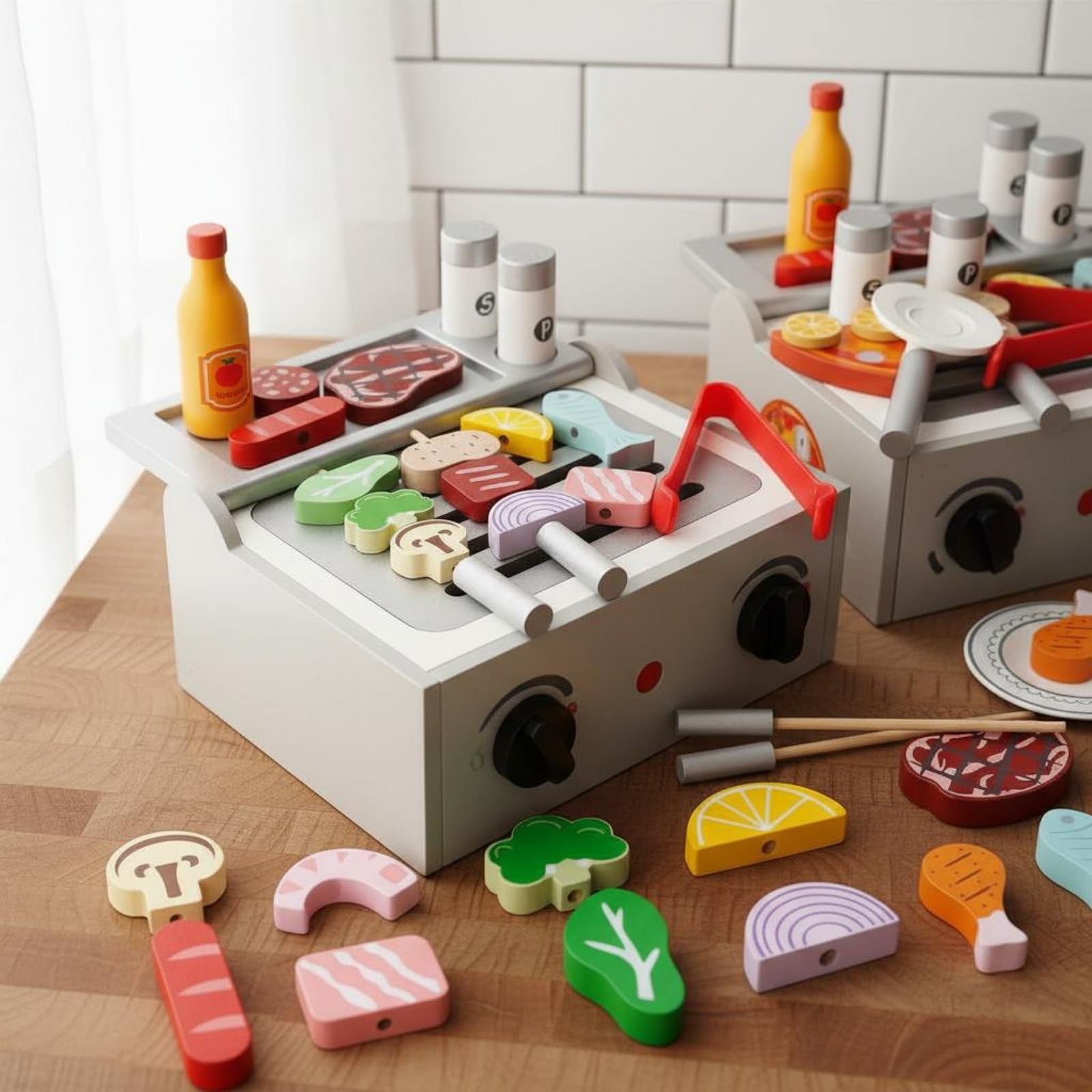 Kinder Spielofen Holz Grillofen Küche Rollenspiel Set Backofen Kochherd Lernspielzeug Förderung Organisieren Stabil Langlebig für Vorschule Kindergarten Zuhause Geschenk