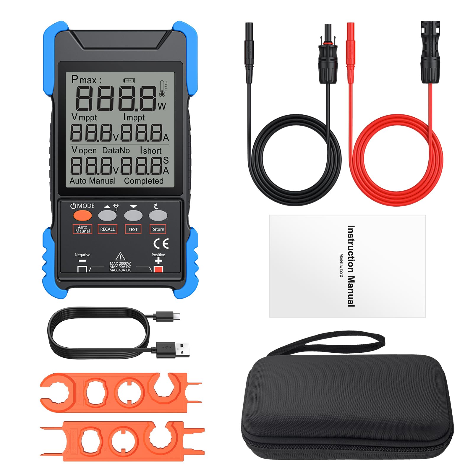 Probador de Panel Solar de 2000 W con MPPT, Medición Pmax/Voc/Isc | Multímetro Fotovoltaico Digital Recargable con Pantalla LCD, Medidor Solar para Pruebas y Mantenimiento de Paneles Solares