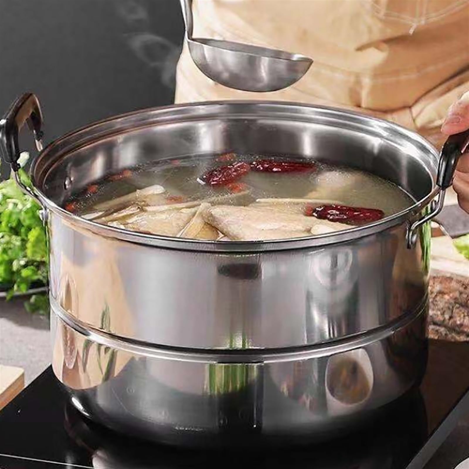 Grande pentola a vapore in acciaio inox a 2 strati per fornelli a induzione e fornelli a gas, design ispessito per uso alimentare, 38 cm