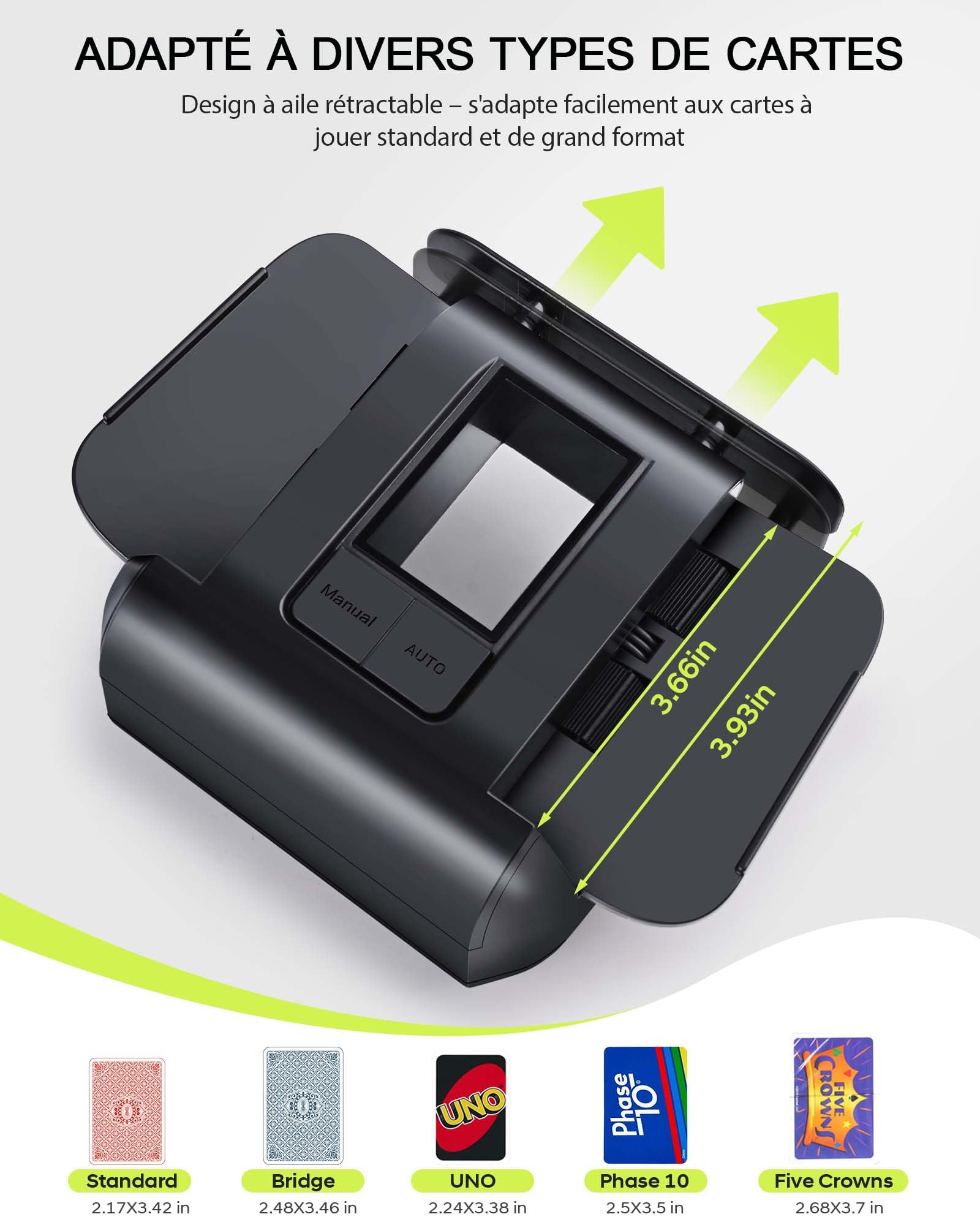 Mélangeur de Cartes Automatique, Mélangeur Électrique pour 1-2 Ponts Mode Auto & Manuel Rechargeable 2000mAh Faible Bruit Idéal pour Poker UNO Blackjack Skip-Bo Phase 10 Texas Hold'em Belote