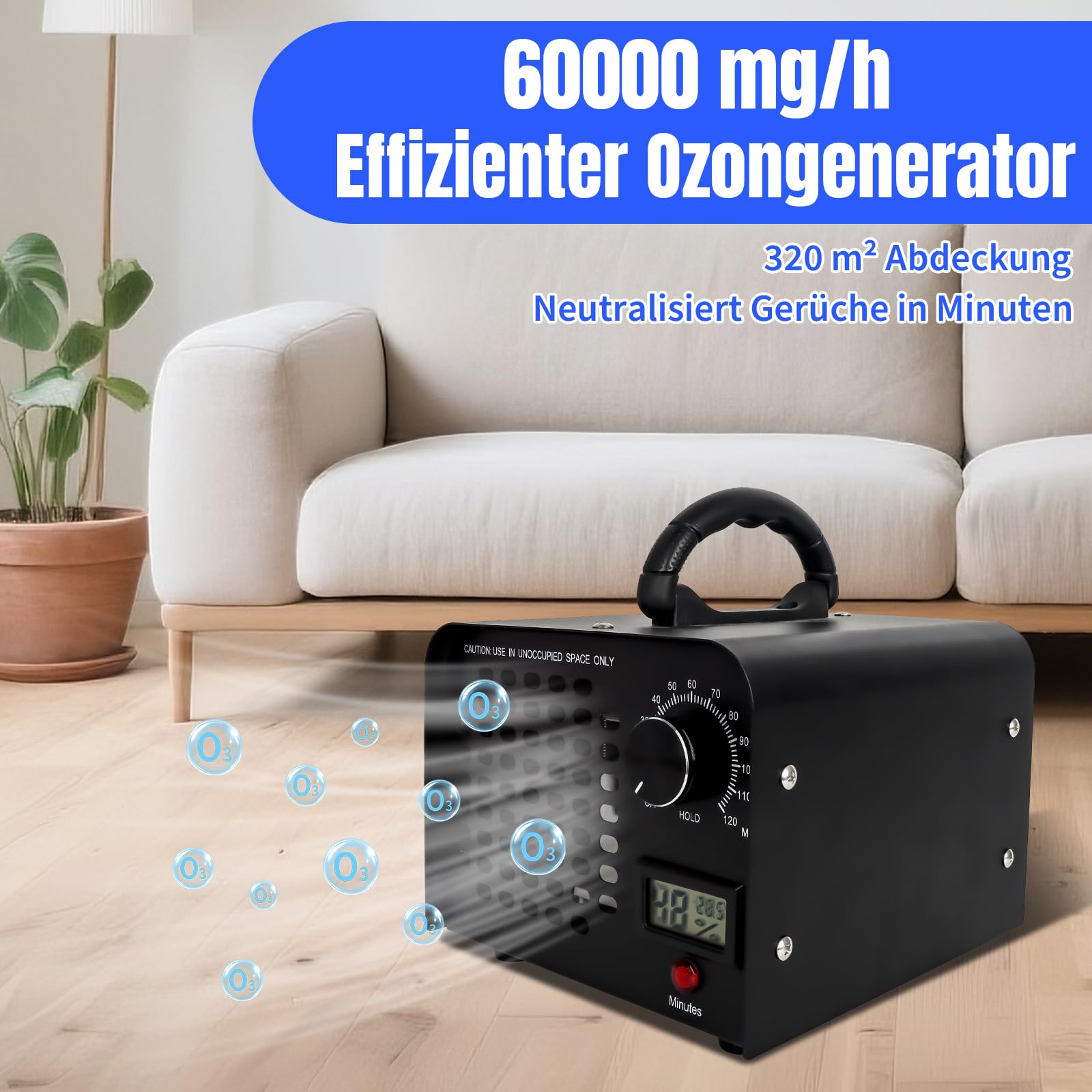 LPQCccY Ozongenerator, 60000mg/h Ozongerät, 120 Min Timer Ozon Luftreiniger, Intelligente Überwachung des Raumklimas Temperatur Ozonisator, Ozone Generator für Auto Wohnung Küche Garagen Gerüche