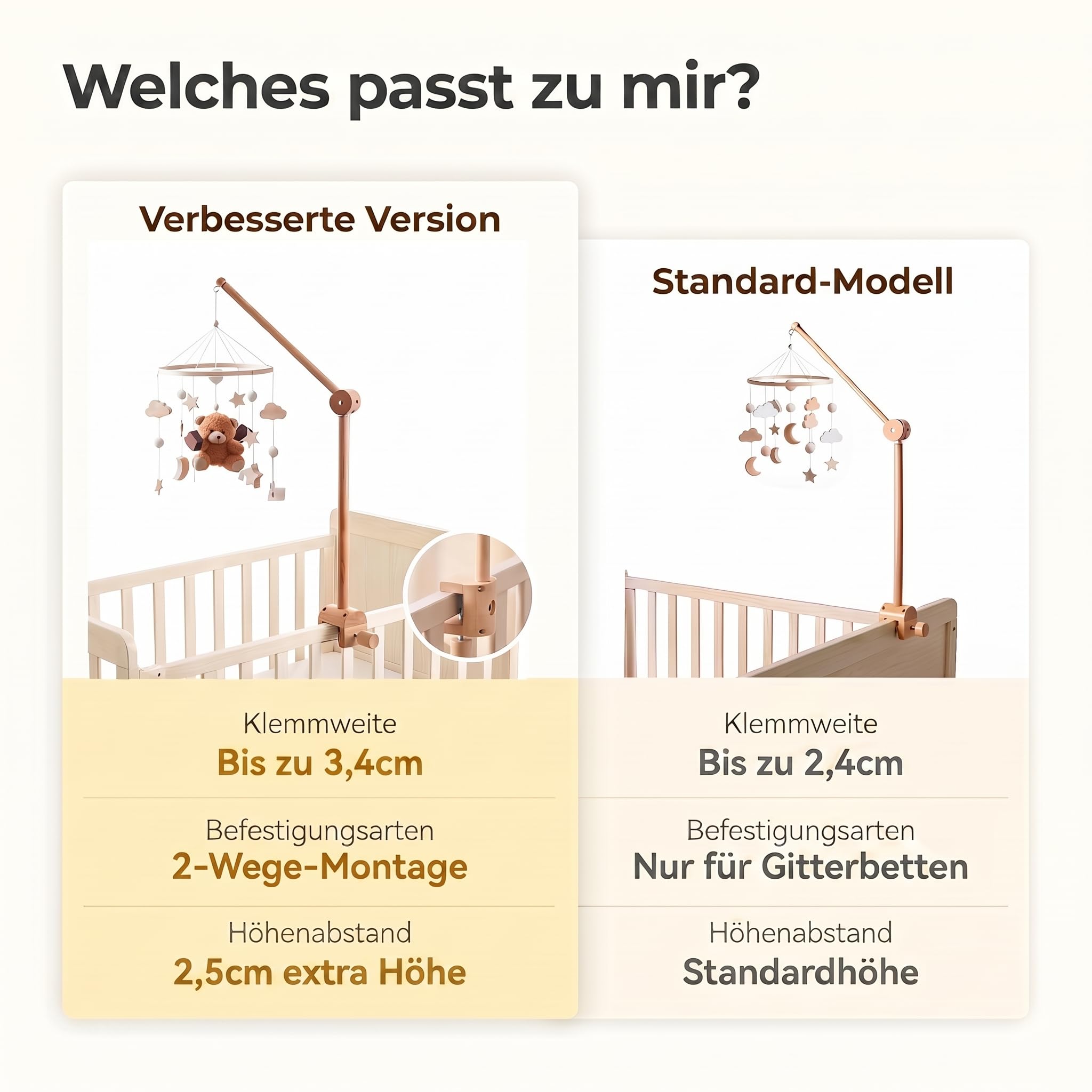 let's make Mobile Verbesserte Version Halterung Holz für Babybet, Höhenverstellbarer & 360° Drehbarer Mobile Arm mit Erweiterter, Mobile Halterung für Babybett Zubehör, Kinderzimmer Deko