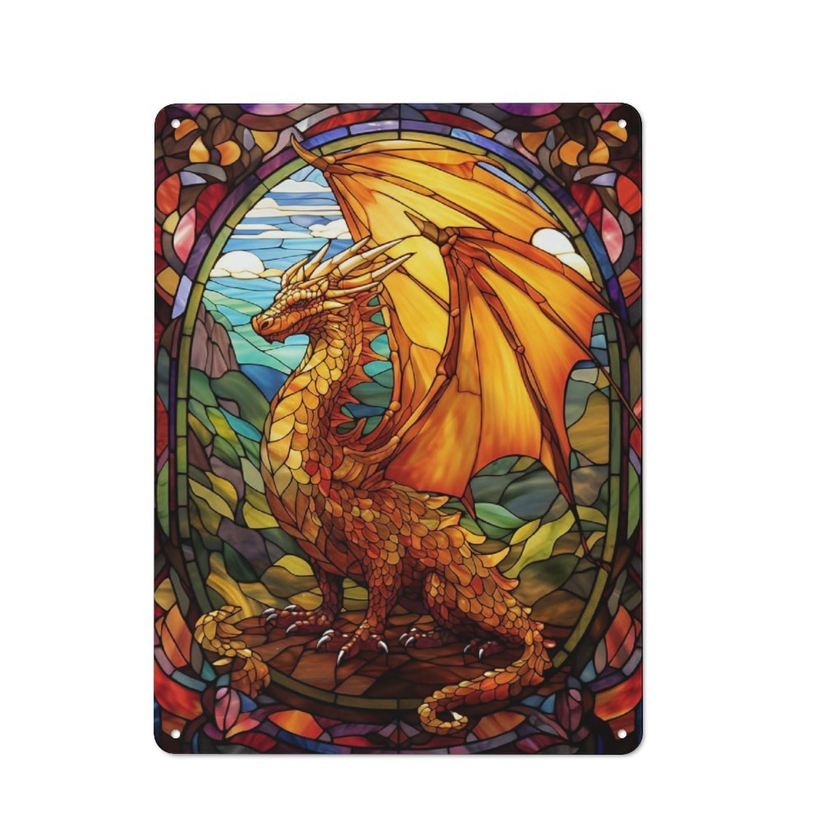 Junmoney Style-17 Golden Heaven Elder Dragon Retro Tin Wall Plaque 40X30cm For Home Office Or Studio, For Cooler-Month Interiors With Retro Character