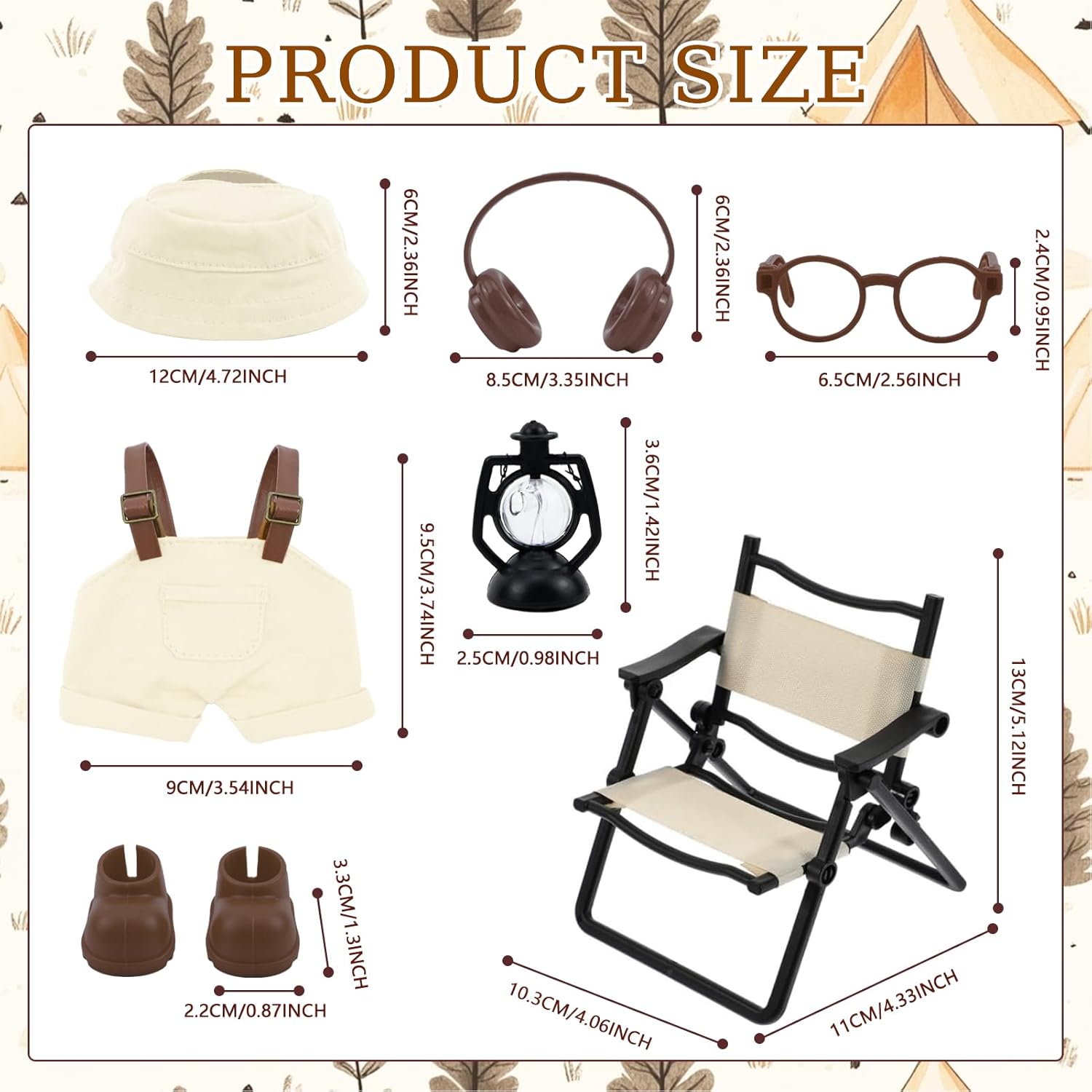 7PCS Clothes Set and Accessories Compatible with Labubu 15cm/17cm Dolls,Including Mini Hat Overalls Shoes Headphones Glasses Folding Chairs Camping Lantern for Doll Decoration(No Dolls)