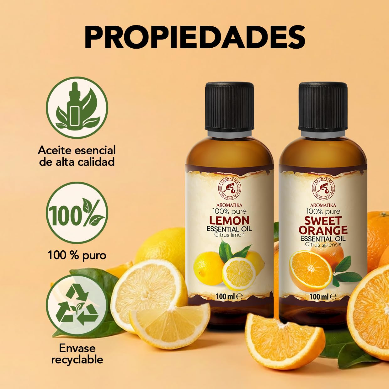 Aceite Esencial de Limón & de Naranja Dulce 2x100 ml - Citrus Limon - Citrus Sinensis - Natural y Puro - Aceites Esenciales para Difusores - Fragancias para el Hogar - Aroma Cítrico - Aromaterapia