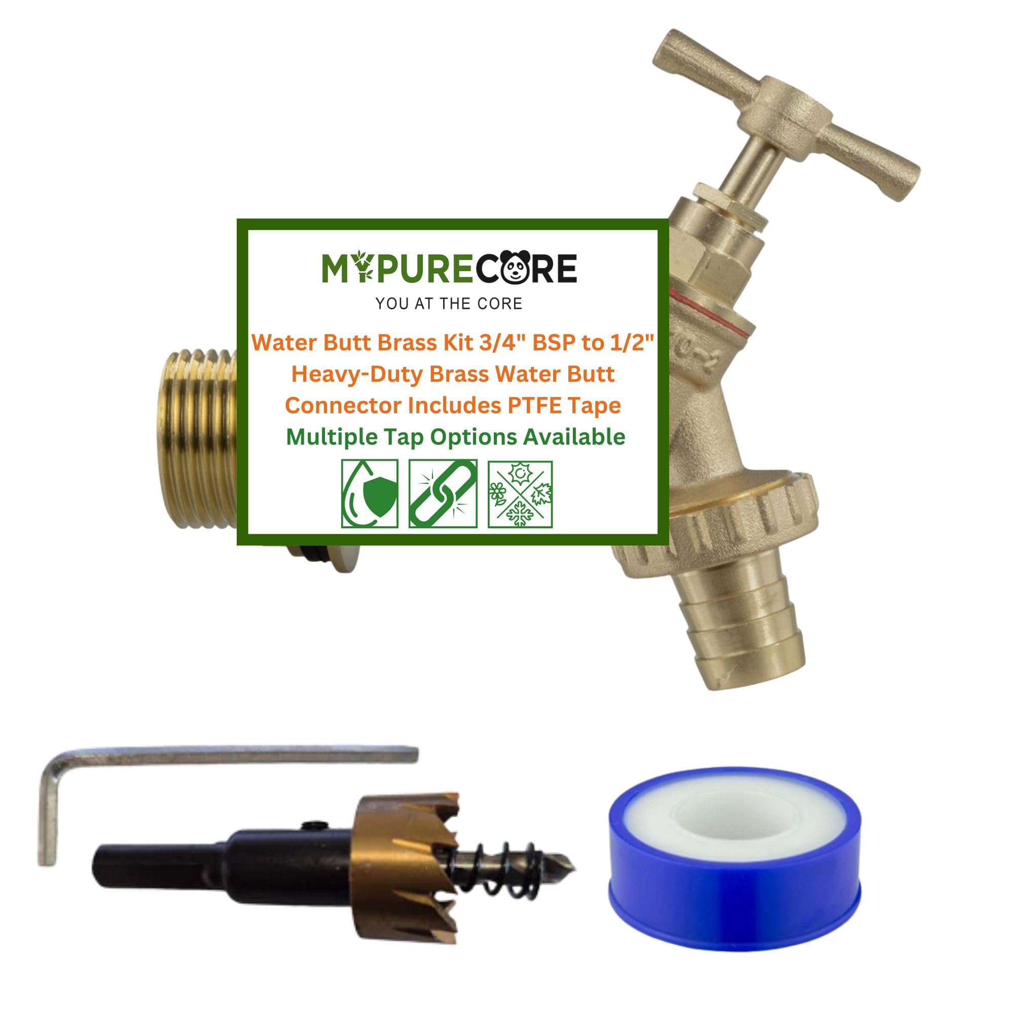MYPURECORE Water Butt Brass Kit 3/4" BSP to 1/2" – Heavy-Duty Brass Tank Connector with Tap Options & Drill Bit for Rainwater Harvesting & IBC Containers ((Barbed Outlet))