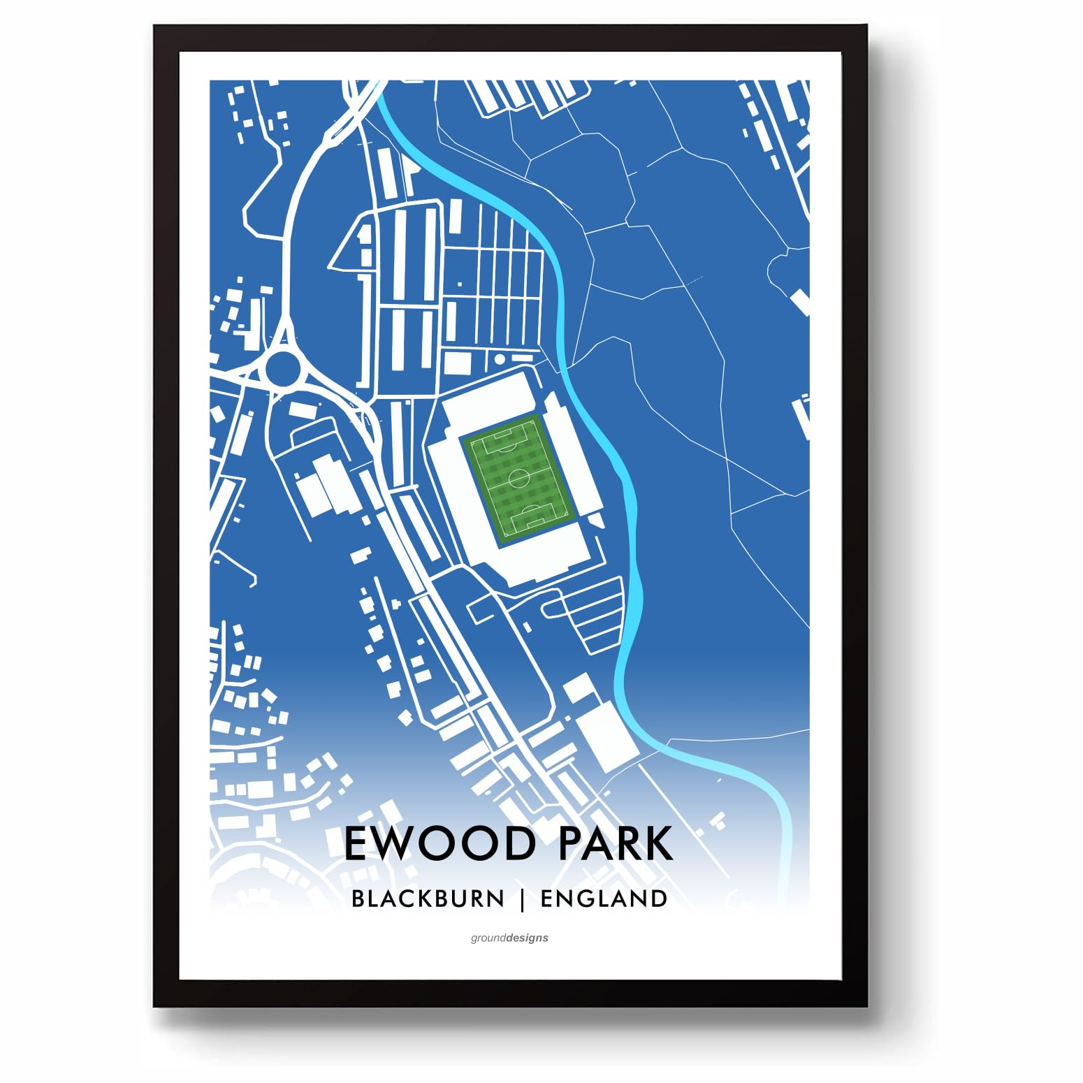 Grounddesigns Men's Blue And White Blackburn Rovers Football Gift Ewood Park Stadium Art Map Unframed A3 Print Brfc