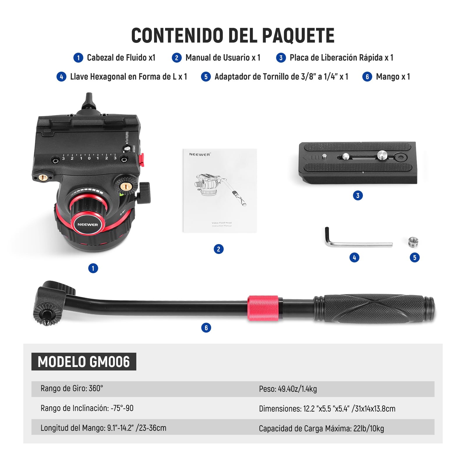 NEEWER Cabezal Fluido para Trípode de Video Resistente con Amortiguación, Placa de Liberación Rápida, Compatible con dji RS Gimbals, Mango Ajustable, Base de ⌀75mm, Carga Máxima 10kg, GM006