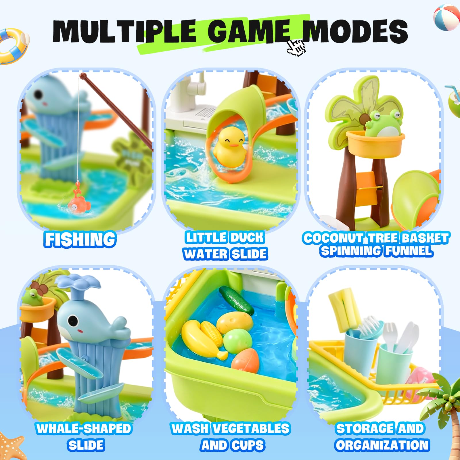 Fregadero de Juego 4 en 1 con Agua Corriente, Mesa de Agua para Niños con Pesca y Tobogán, Juguete Sensorial de Verano para Exterior