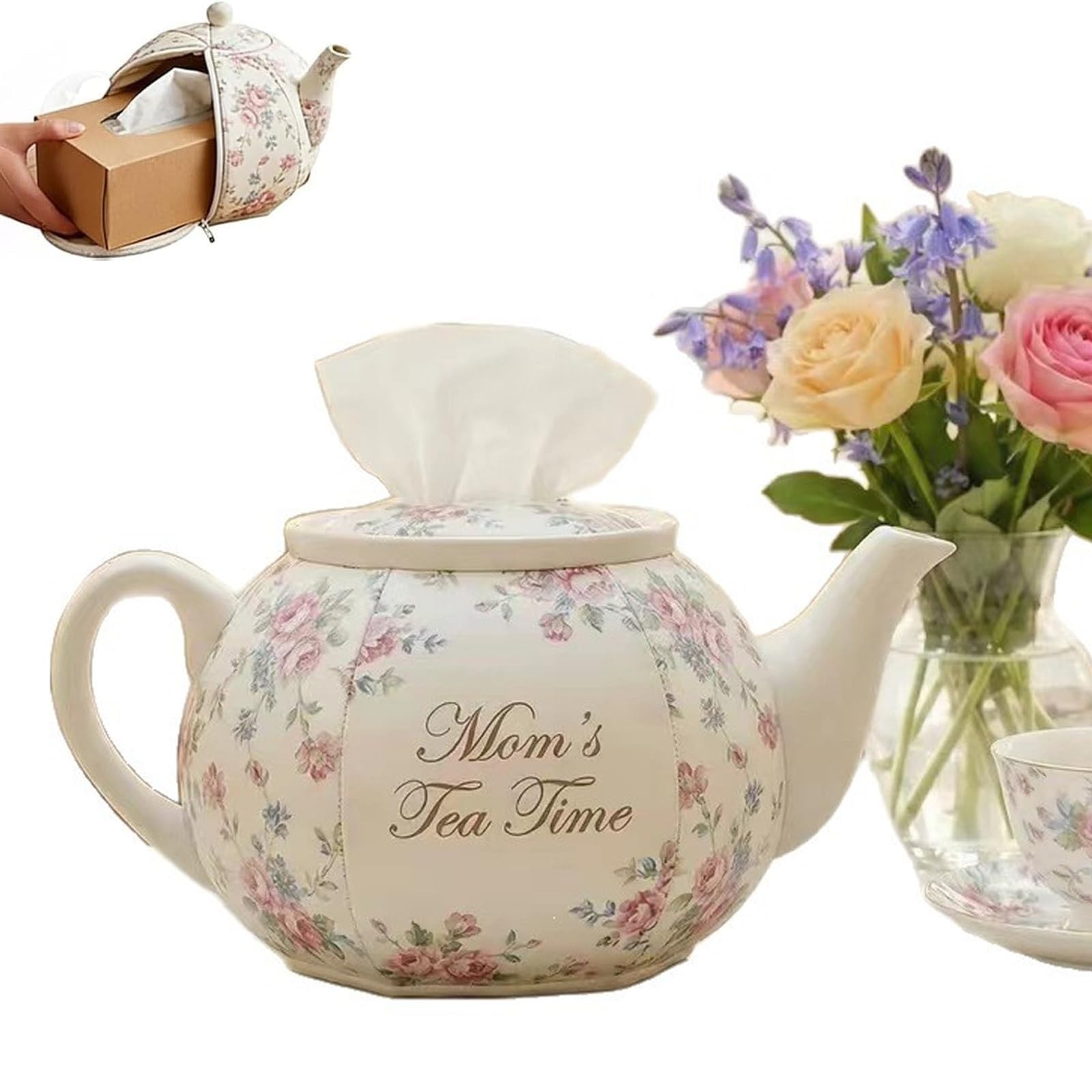Couverture de boîte à mouchoirs de théière cadeau floral vintage