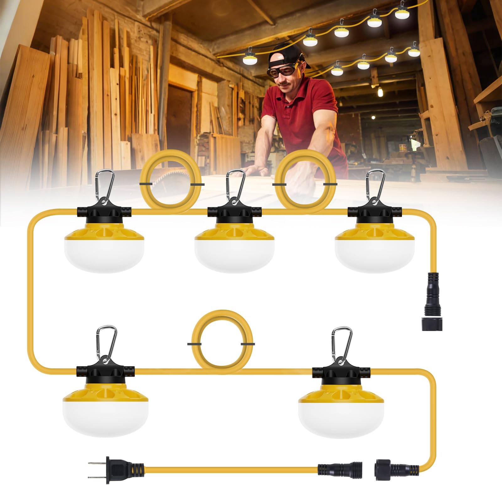 Phylosal 50FT LED Construction String Lights, 45W 6300LM LED String Work Lights with 5 Bulbs & Hooks, IP65 Waterproof 6000K Industrial Grade Lighting