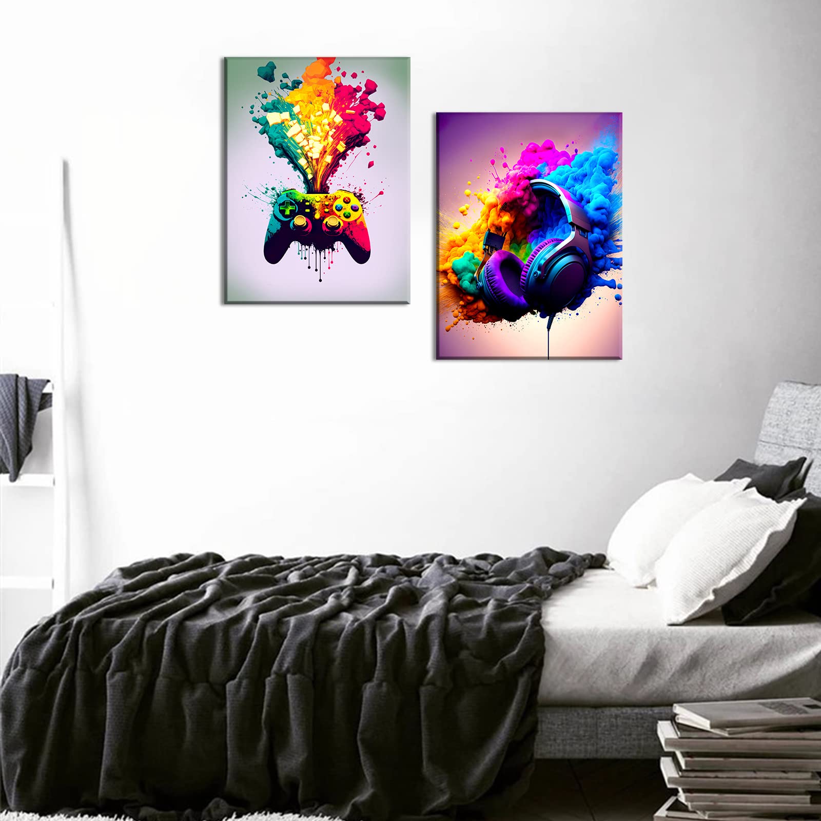 BSZY Get Videospiel-Leinwand Wandkunst Spielzimmer Dekor Coole Gaming Gemälde Spiel Bilder Kopfhörer Game Controller für Jungen Wohnheim 30,5 x 40,6 cm Set von 2 fertig zum Aufhängen