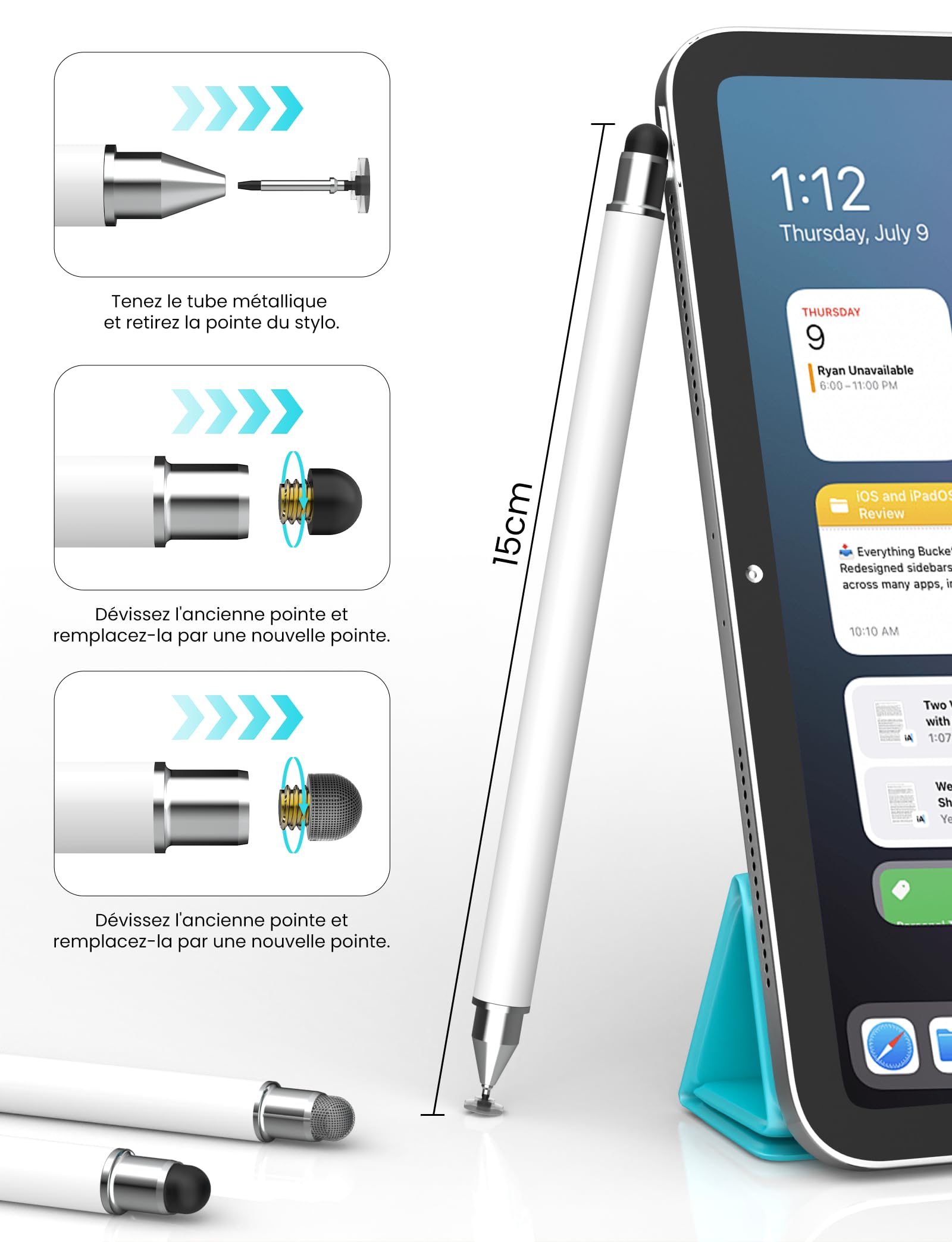 MEKO Stylet Tactile Magnétique 3 en 1 pour Tablette avec Embout Fibre Caoutchouc Disque - Blanc