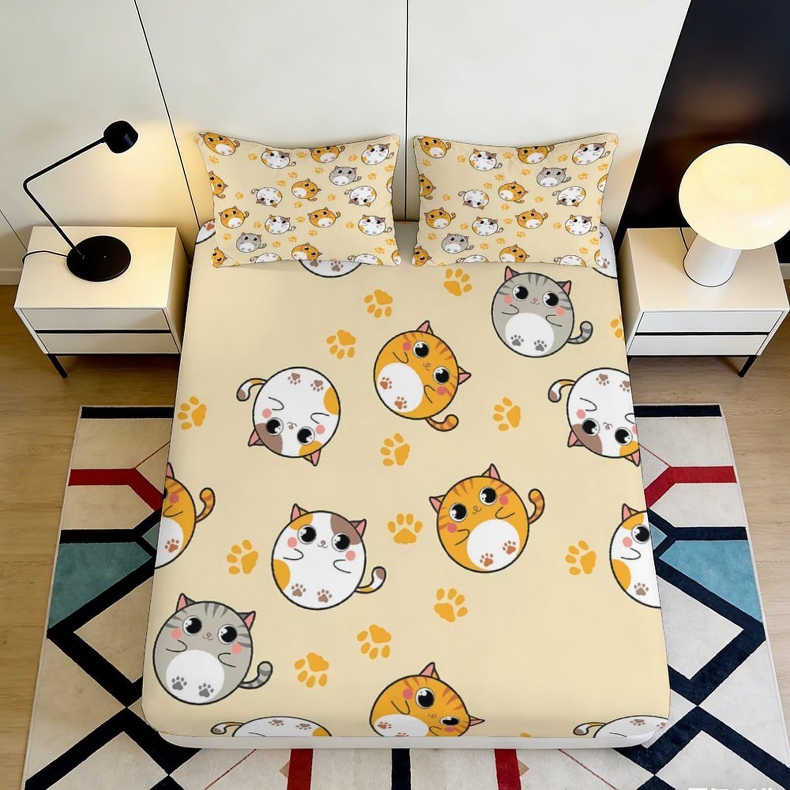 3D Printed Cute Cat Pattern Fitted Sheet Microfiber Soft Breathable Cartoon Cats Mattress Cover for Bedroom Dormitory Guest Room Mattress Protection Decor 180x200x25cm