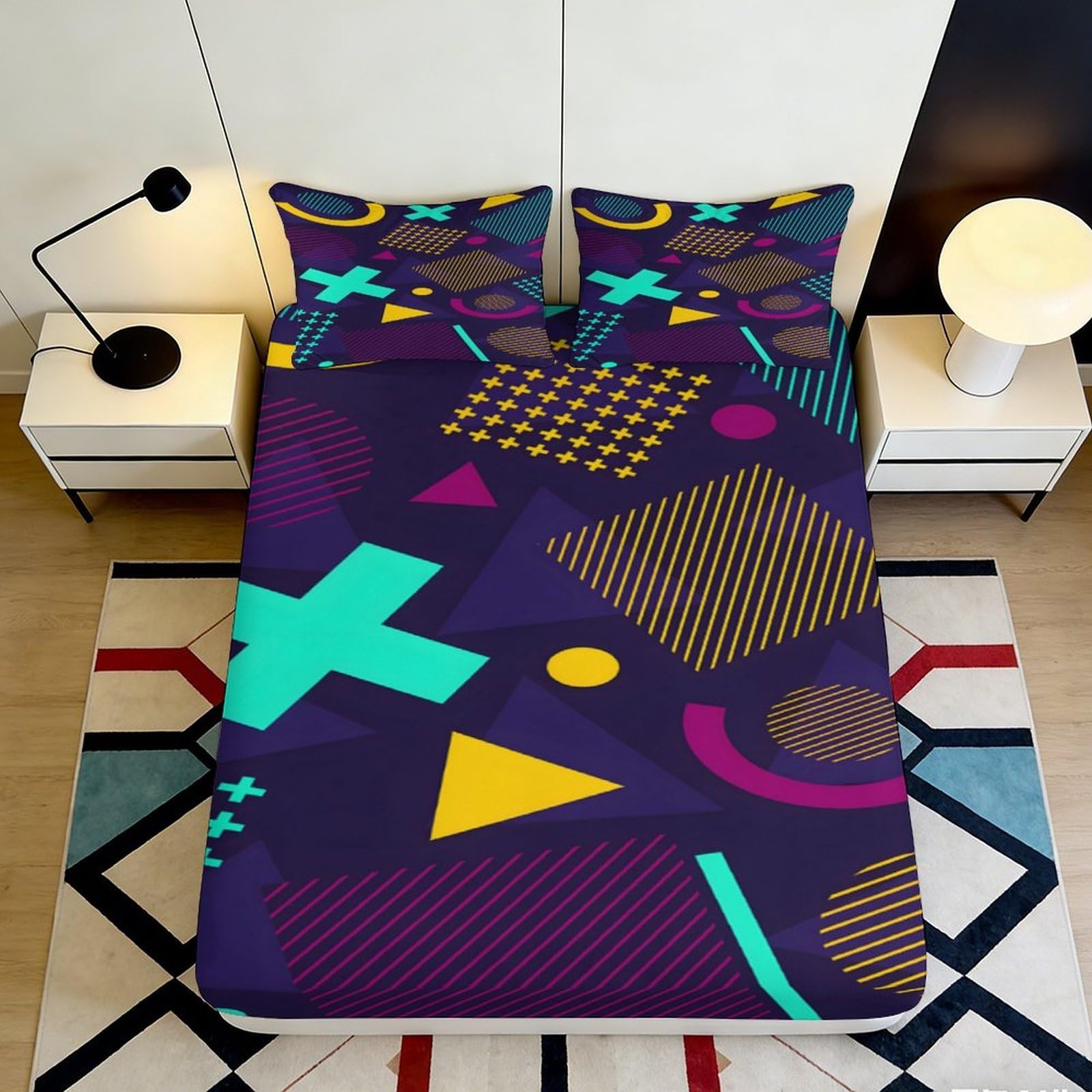 Dhbaneiok Style-2 3D Printed Geometric Shapes Fitted Sheet Microfiber Colorful Abstract Bed Cover For Bedroom Dorm Easy Care Decor 90X200x25cm