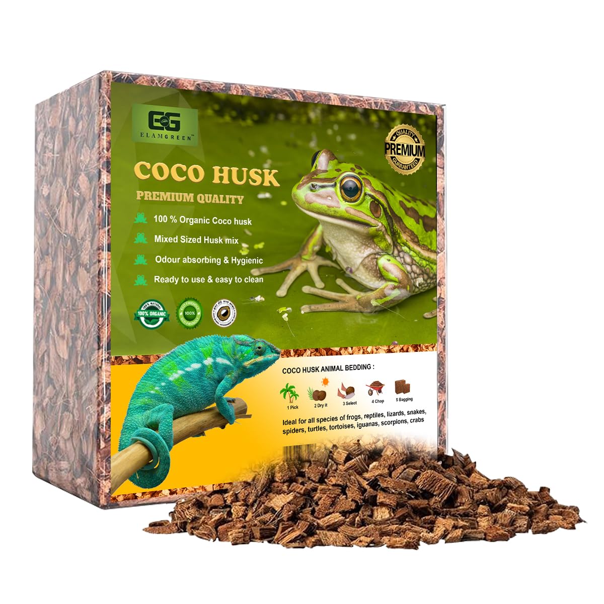 Elamgreen Natural Coconut Husk for Reptiles | Bedding Coir Chips Terrarium Substrate for Ball Python Frog Snake Turtles, Gecko Hermit Crab Tortoise (4.5kg)