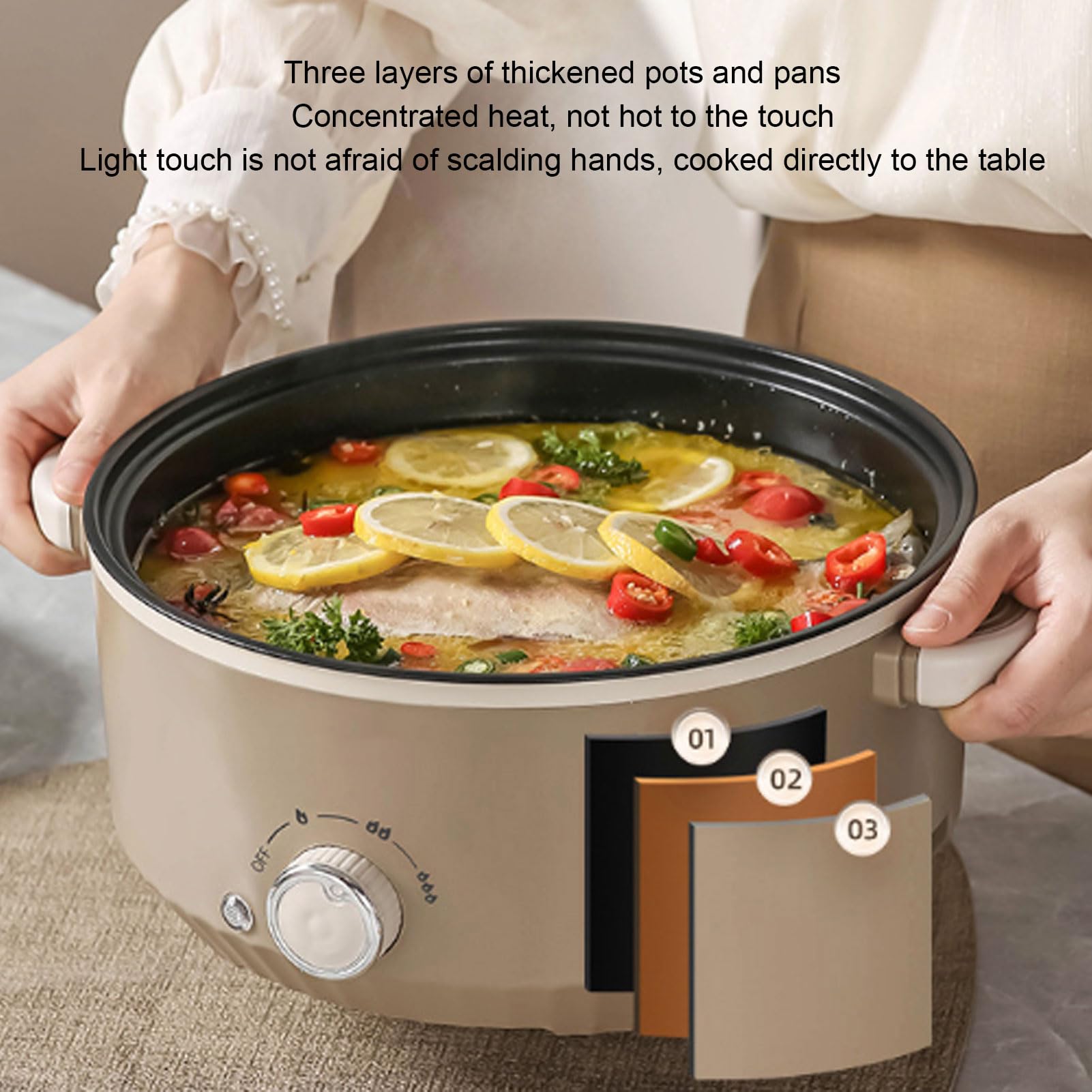 Multifunctional Electric Cooker, Food Grade Nonstick Coating Material 3L Electric Hot Pot with Steam Basket for Stir Fry Steak Noodles Soup(800W) (US Plug)