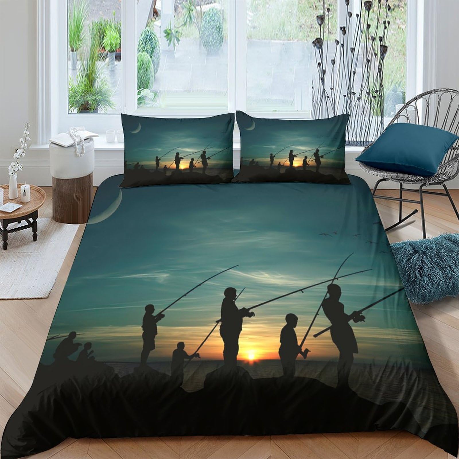 Ctjqhvkz Style-7 3D Printed Sunset Fishing Scene Fitted Sheet Microfiber Soft Bed Cover For Bedroom Dorm Mattress Protection Decor Single（135X200cm）