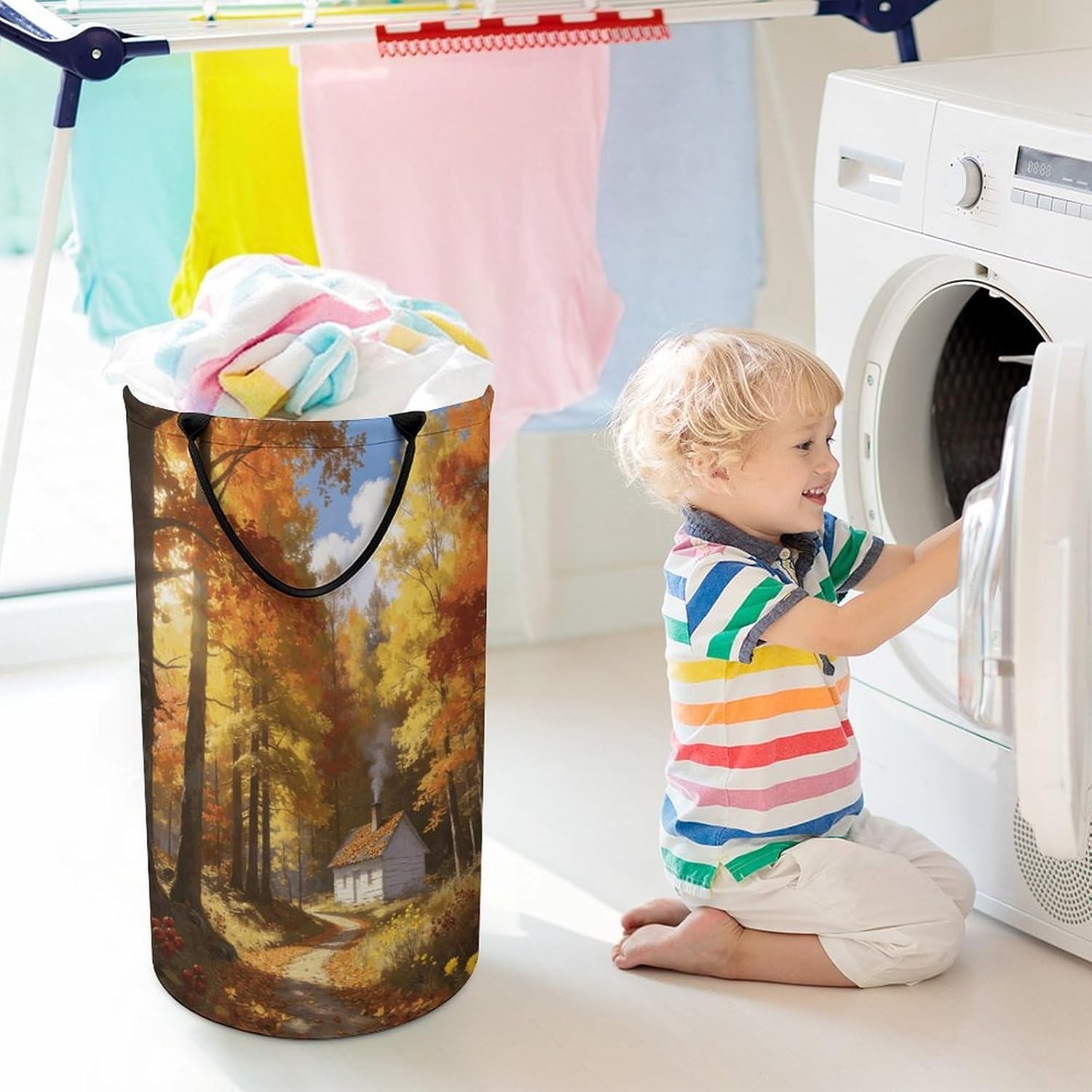 Warm Smoke Cottage Laundry Hamper with Handles Waterproof Collapsible Laundry Basket Large Lightweight Round Dirty Clothes Hamper for Home Dorm Bathroom Decor