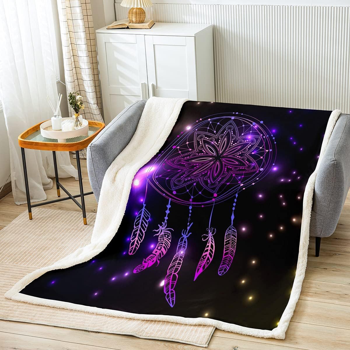 Homemissing Multicolored 059 Purple Dream Catcher Throw Blanket Bohemia Feather Decor Sherpa Blanket For Couch Bed Sofa Dream Catcher Fuzzy Blanket Decor Plush Throw Blanket 87X94 Inch