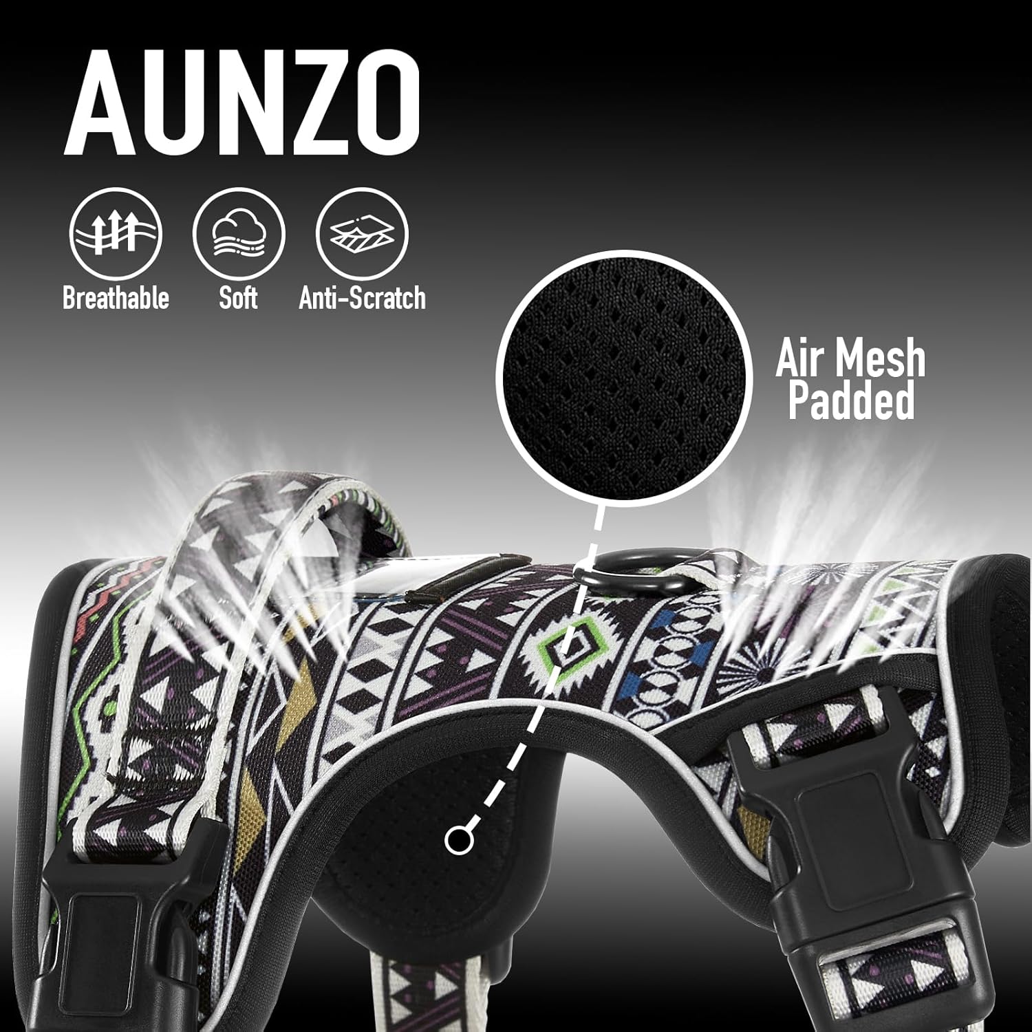 AUNZO Black Dog Harness for X-Large Dog Breeds, Easy on Easy Off Vest, No Pull Adjustable Pet Harness with Handle, Reflective Dog Vest for Walking Hiking Training, Black Ethnic, XL