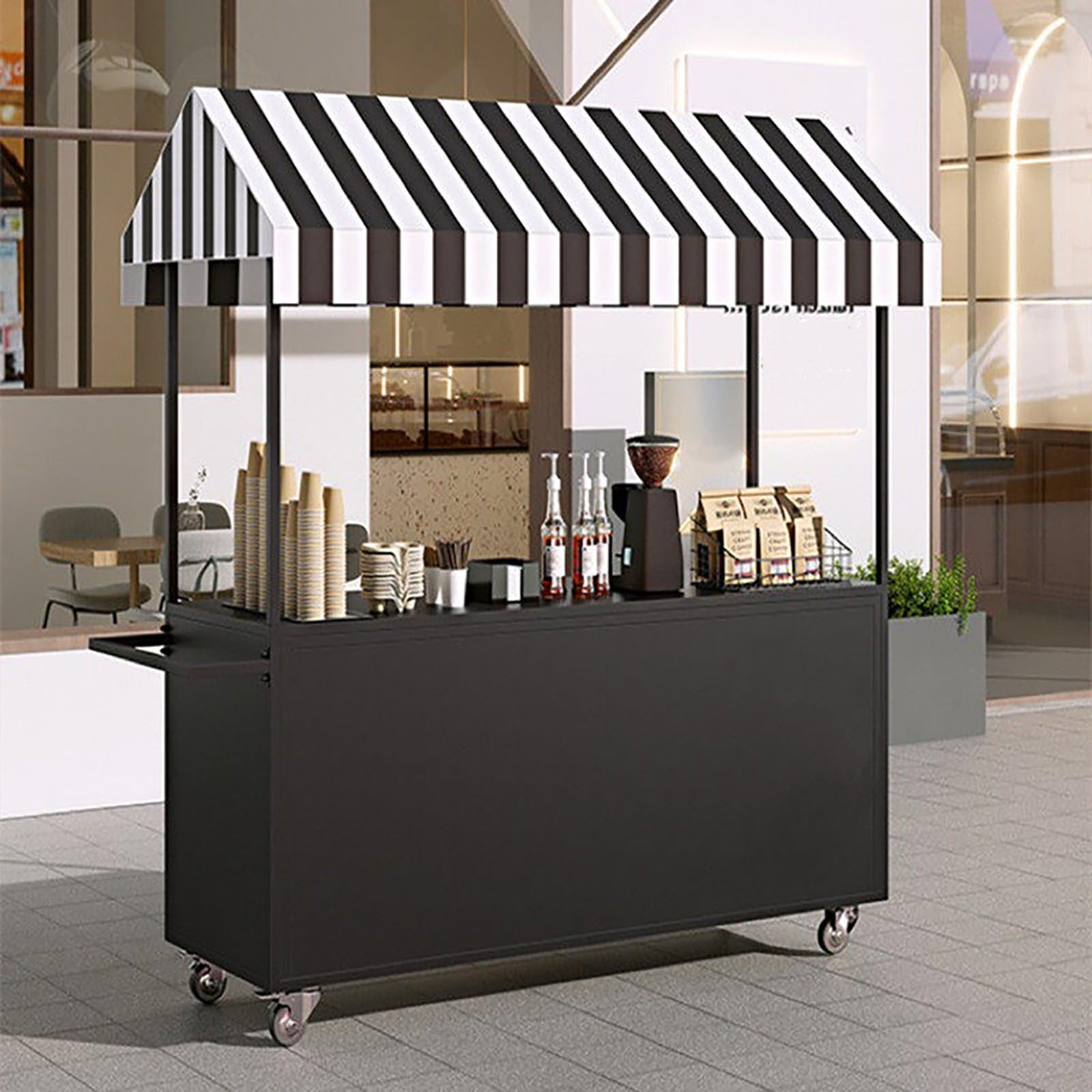 Puesto De Mercado con Toldo,Carro De Venta Ambulante,Móvil De Venta Ambulante De Comida,Carrito De Comida Callejero para Perritos Calientes/Salchichas/Pan(Black,140cm/55in)