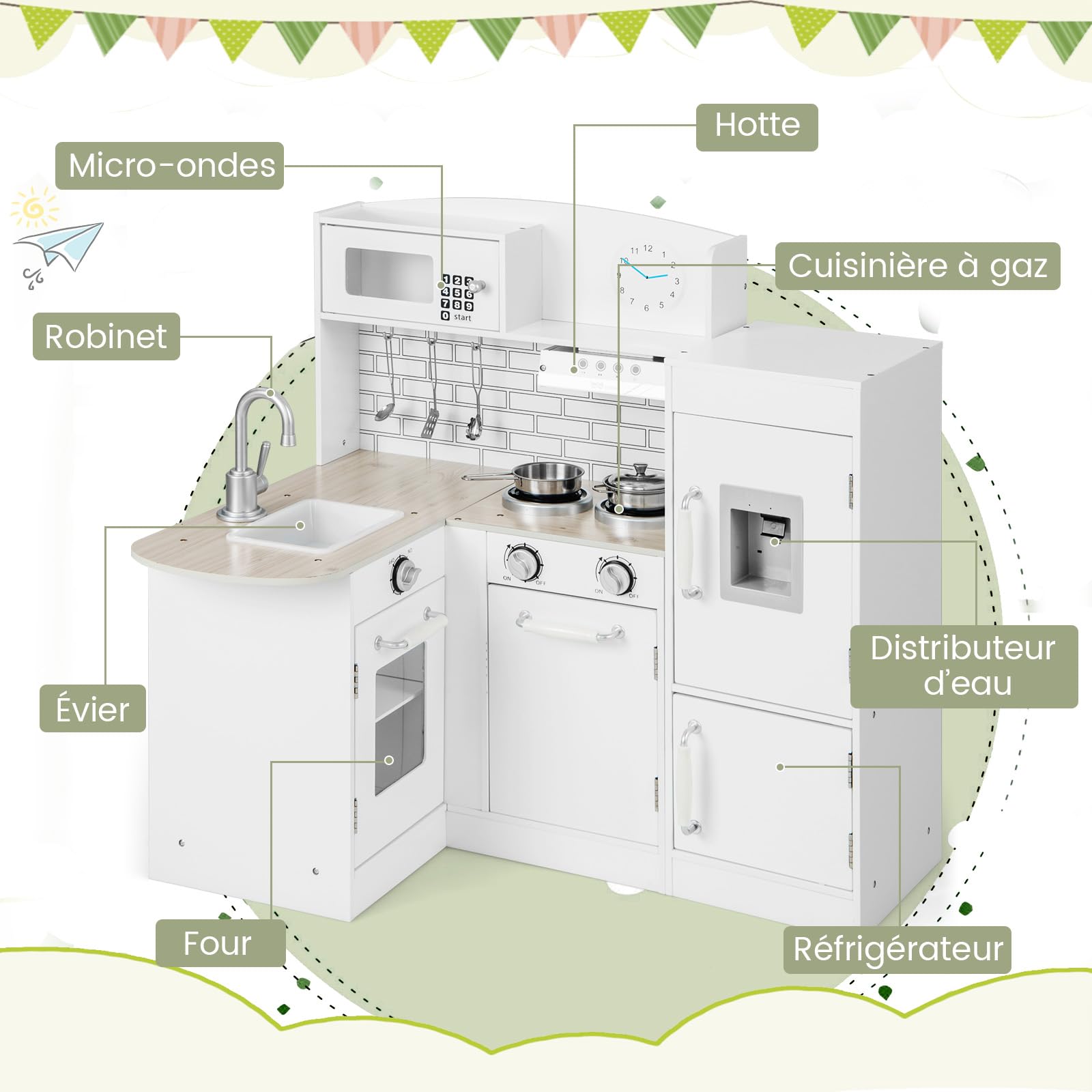 GOPLUS Cuisine Enfant en Bois, Cuisine Bébé avec Réfrigérateur Séparé, Distributeur d'eau, Évier Amovible, Four à Micro-Ondes, Hotte, Espace de Rangement, Jouet de Cuisine d'angle pour Enfant 3+ Ans