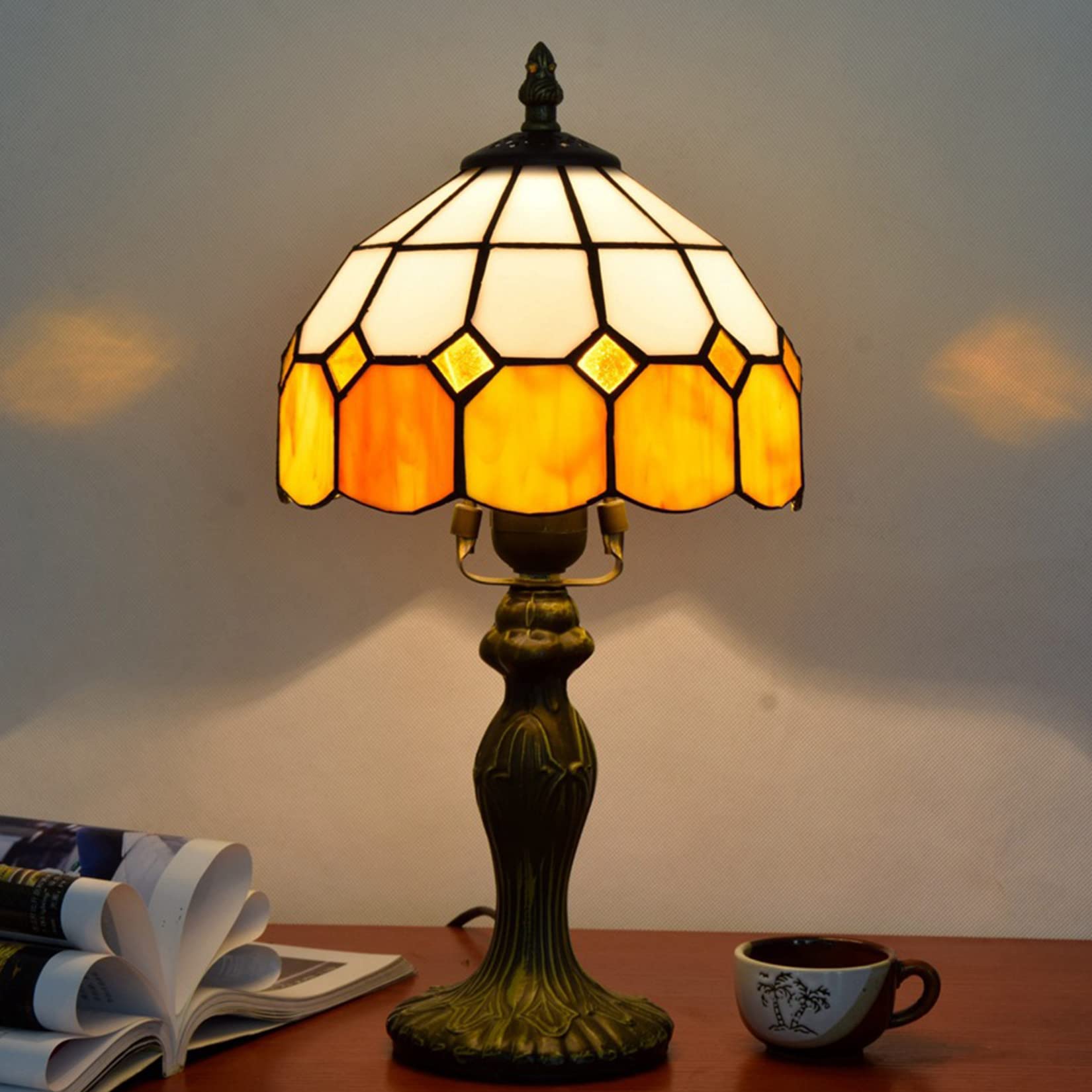 BOTOWI Tiffany Lamp,Stained Glass Lamp,Nightstand Lamp, Mini Bedroom Lamp,Small Desk Light,Study Lamp,Cute Reading Lamp,Table Lamp,Living Room Lamp,Decorative Lamp,Hotel Lamp,W8xh14inch,Orange