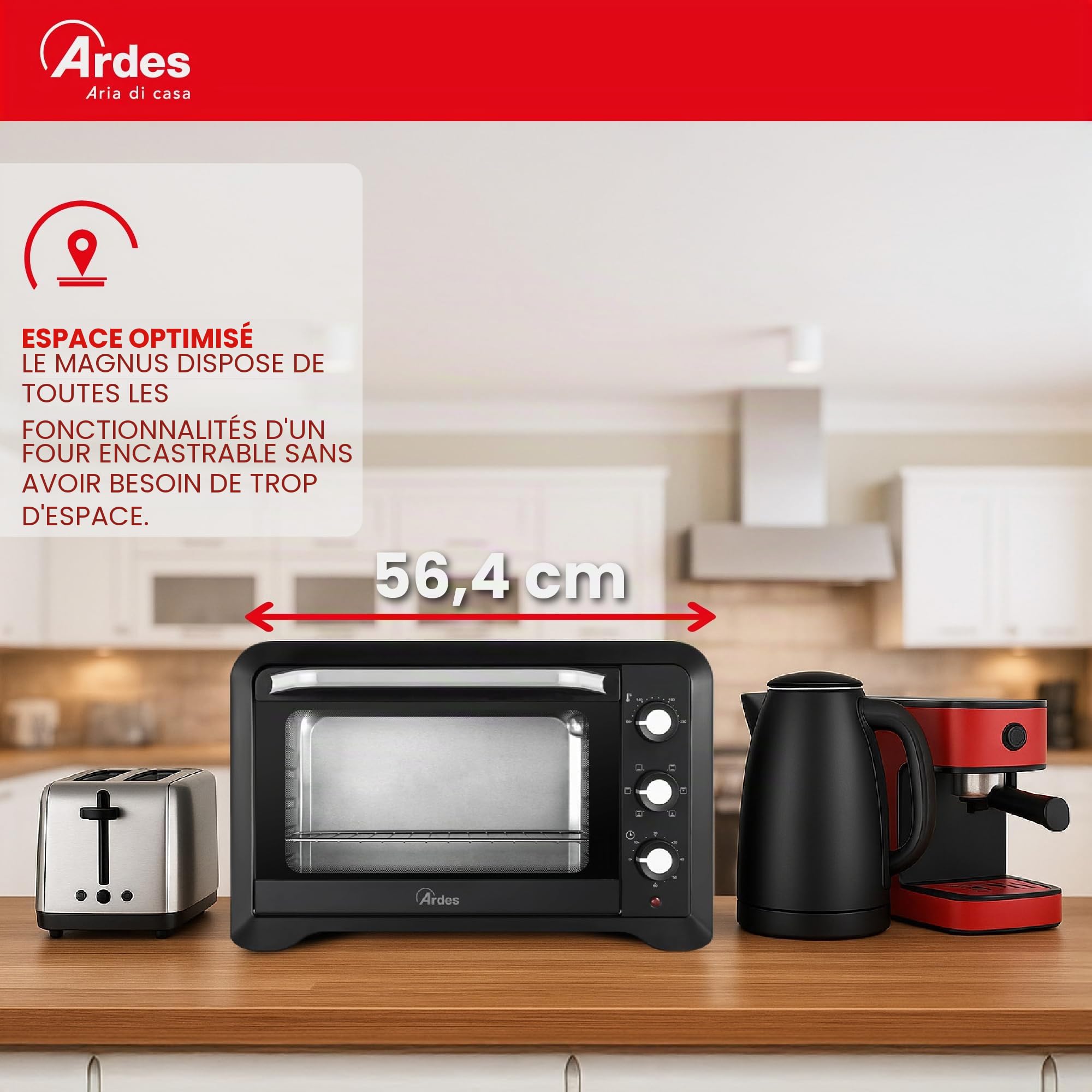 ARDES - AR6245PB Four électrique ventilé Capacité de 45 litres avec lumière interne 6 fonctions de cuisson minuterie double vitrage avec accessoires MAGNUS, Noir