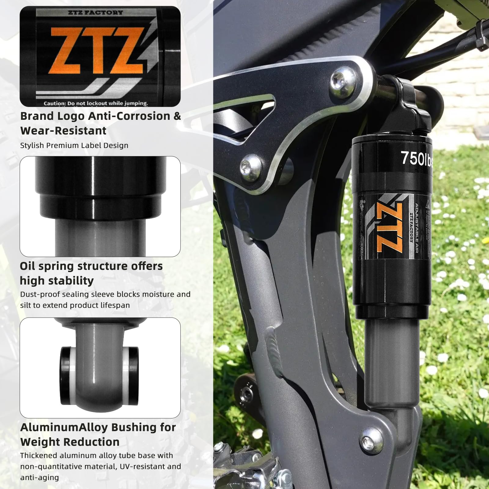 MTB Rear Shock Absorber 120/125/150/165/185/190/200mm, Bicycle Rear Suspension for MTB, Mountain Touring Bike,Downhill Bike, Electric Scooter (165MM, 750LBS)
