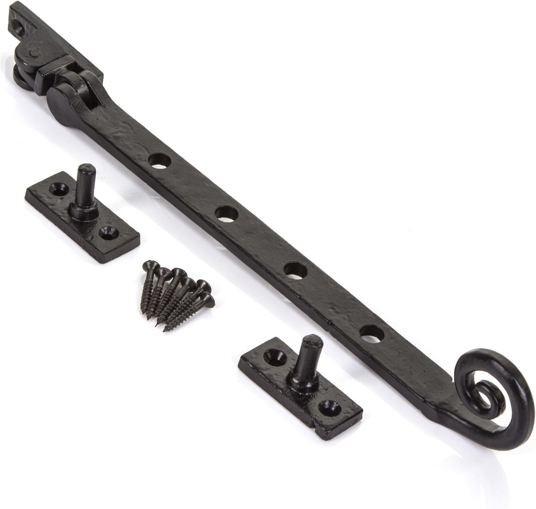 White Hinge Limited 10" Antique Black Cast Iron Window Casement Stay with Curly Monkey Tail Design