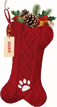Personalized Dog Christmas Stockings 18 with Metal Holders & Name Tags, Paw-Print Embroidery Large Bone Shape Pet Hanging Stockings Xmas Knit Dogs Stocking for Christmas Decoration Party Decor-Red