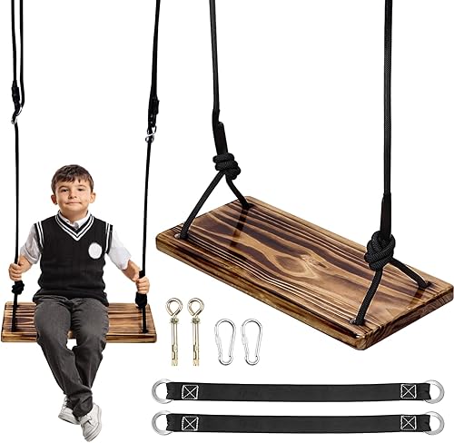 Miniatura 7 de Asiento de columpio de madera, columpio colgante de madera para niños y adultos, columpio de árbol al aire libre con correas ajustables, juego de