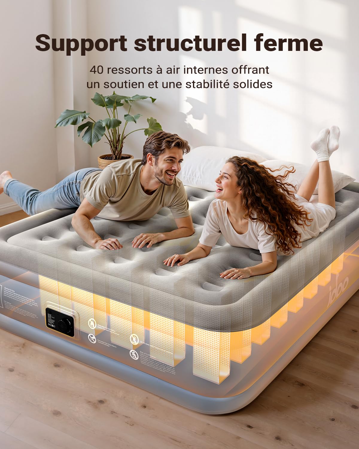 iDOO Matelas Gonflable 2 Personnes, Lit Gonflable avec Pompe Electrique Intégrée, Matelas pneumatique pour l’extérieur et Le Camping, 152 x 203 x 38 cm, 295 Kg Max