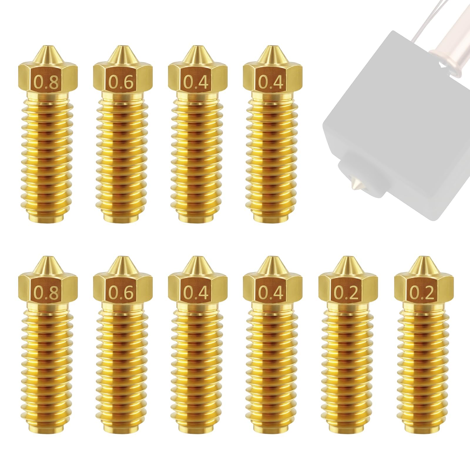 Dysze mosiężne kompatybilne z Kobra 3/S1 – Zestaw 10 szt. mosiężnych dysz do drukarki 3D (0.2/0.4/0.6/0.8mm), trwałe i dokładne, do szybkiego druku 3D