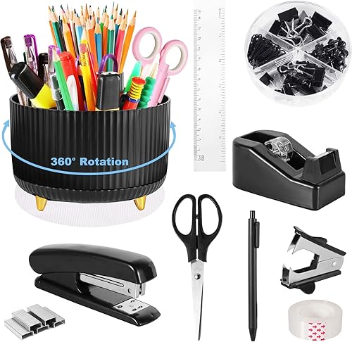 Organizador de escritorio negro y accesorios de 10 piezas con soporte giratorio de 360 grados, dispensador de cinta, grapadora, removedor de grapas,