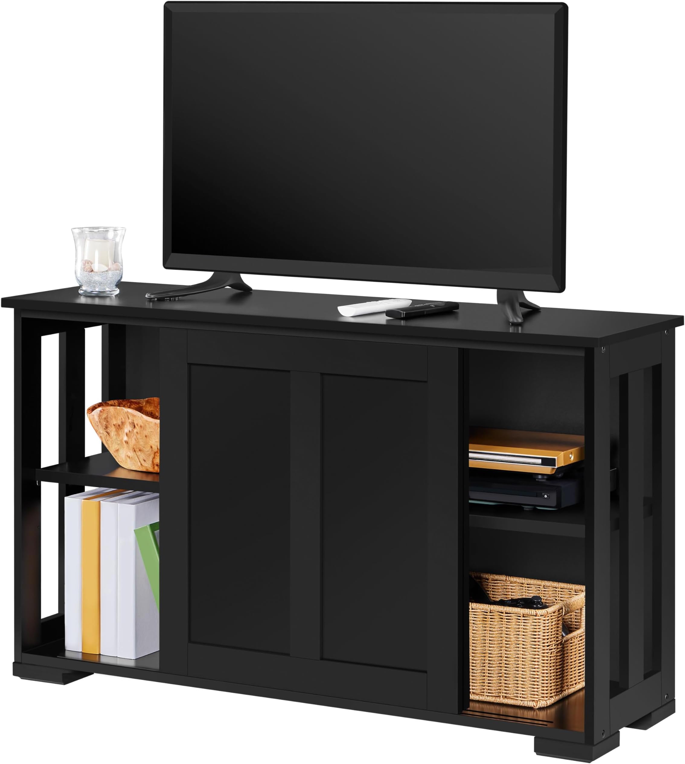Yaheetech TV Stand, Wooden Storage Console Table with Sliding Door and Adjustable Shelf, Free Standing Cabinet for TV up to 45 Inch, Media Entertainment Center Home Living Room Furniture, Black