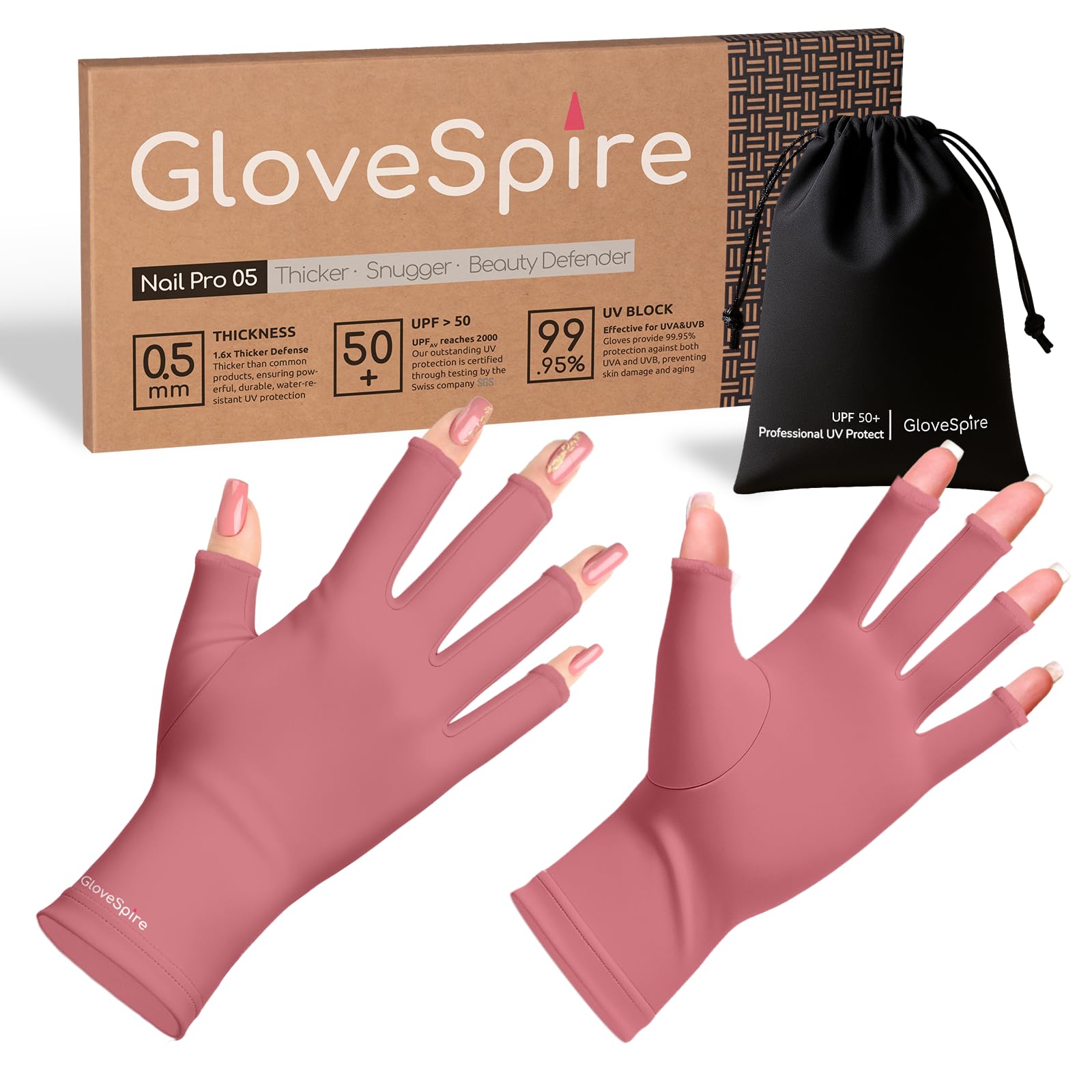 GloveSpire Dickere Ausführung UV Handschuhe Nägel, UPF50+ UV-Schutz Handschuhe, Fingerloses Design für Gel-Maniküre, schützt vor UVA/UVB-Strahlen von UV-Lampe (Einheitsgröße, Altrosa)